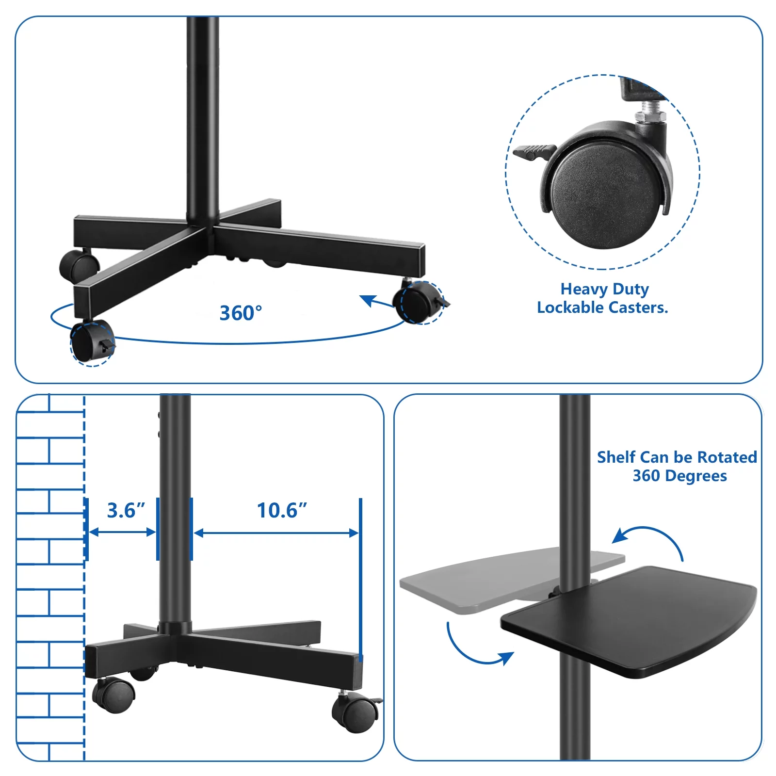 TVON Modern Rolling TV Stand Mobile TV Cart for 32 to 60 inch Flat Panel TVs, Black