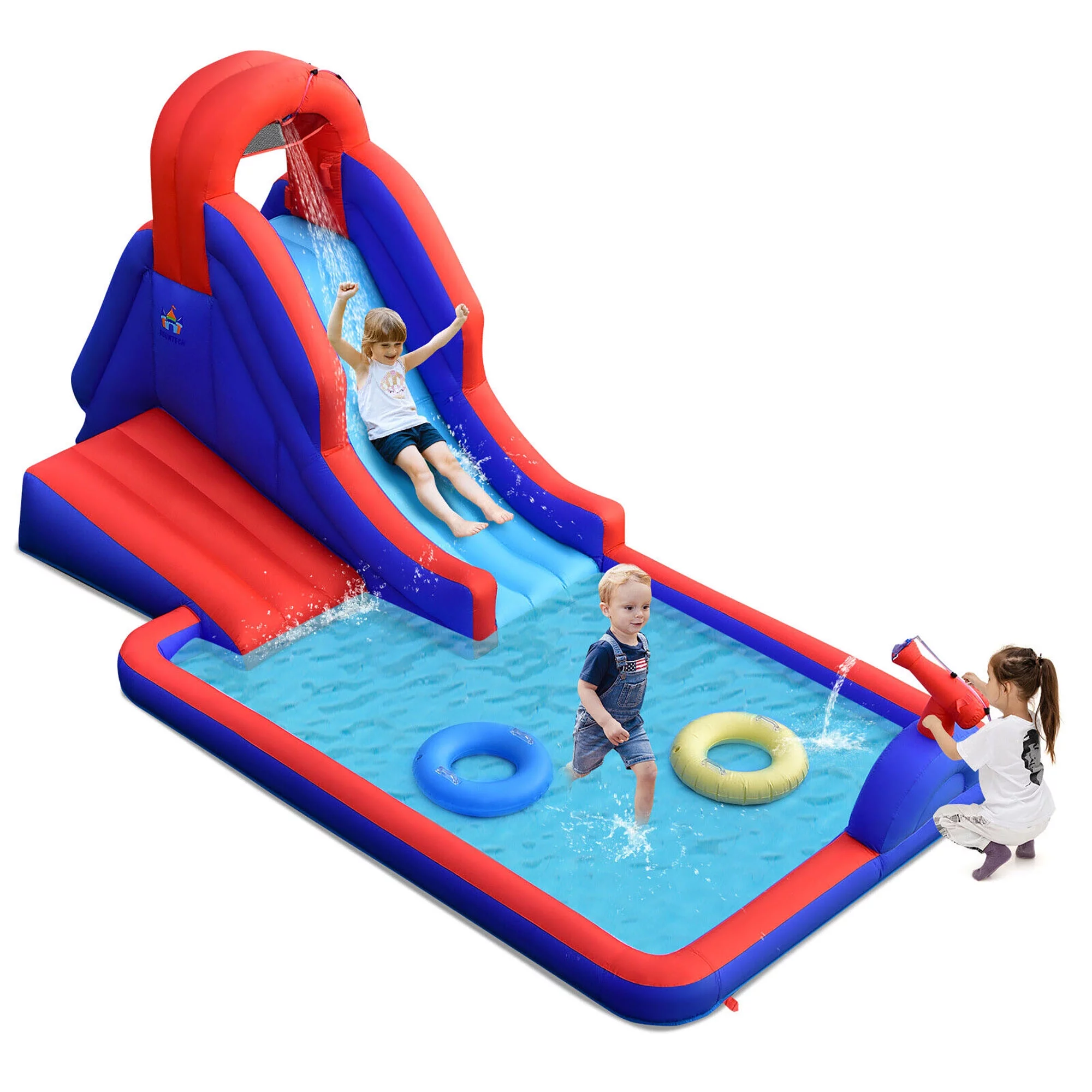 Gymax Inflatable Water Slide Park w/ Climb Slide Pool & 2 Swim Rings Blower Excluded