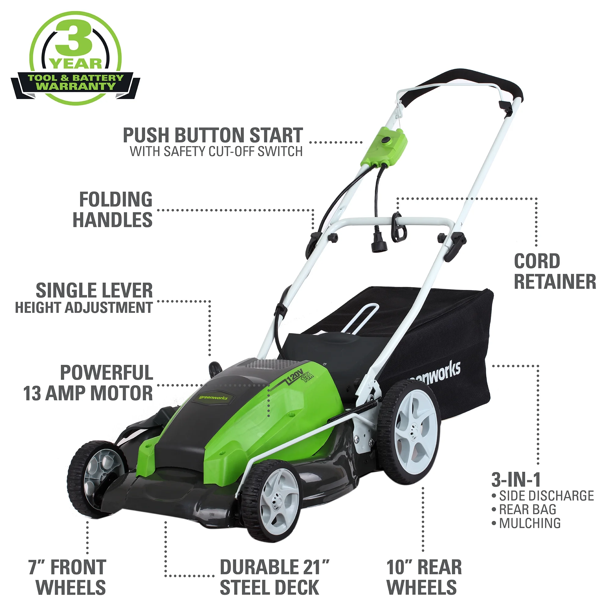 Greenworks 13 Amp 21″ Corded Electric Walk-Behind Push Lawn Mower 25112