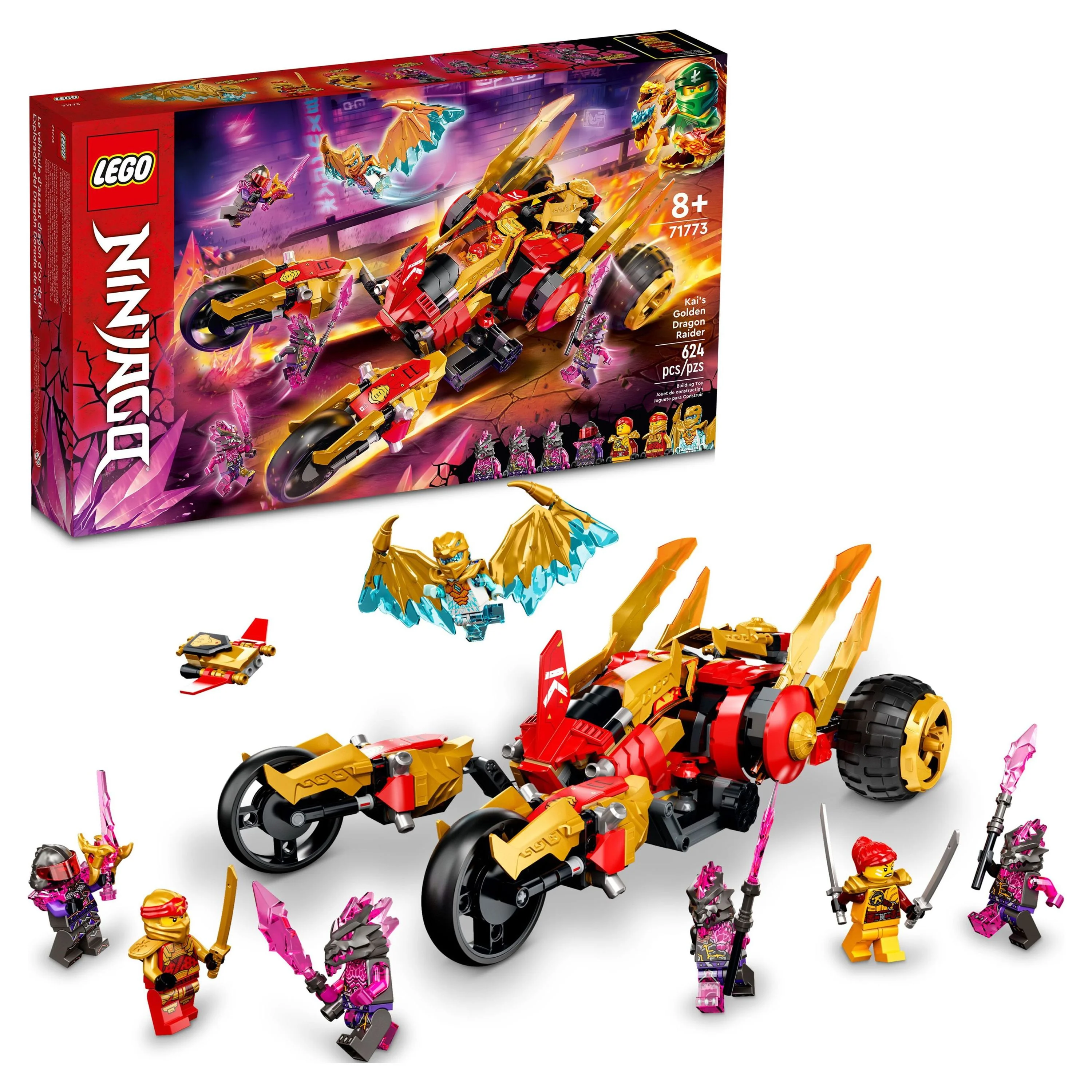 LEGO NINJAGO Kai’s Golden Dragon Raider Multi-Terrain Car Toy 71773 with Kai and Zane Minifigures, Building Set for Kids Ages 8 Plus