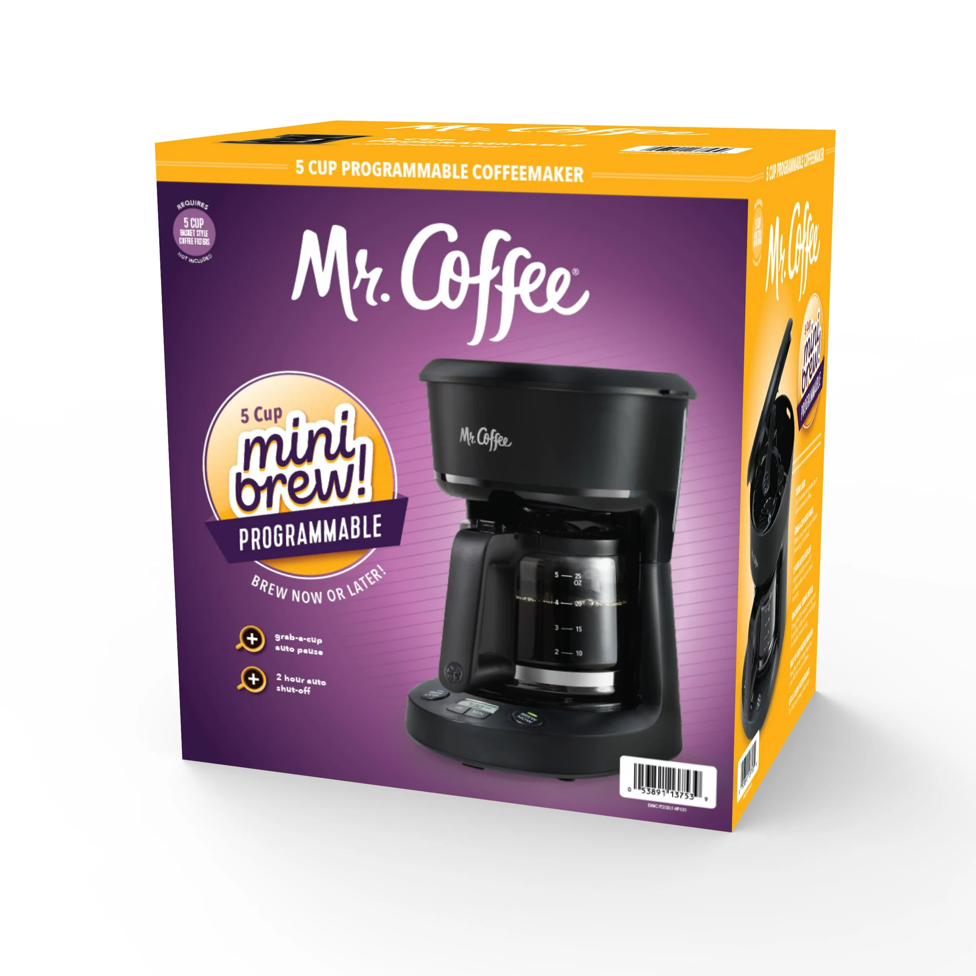 Mr. Coffee 5-Cup Programmable Coffee Maker, 25 oz. Mini Brew, Brew Now or Later, Black