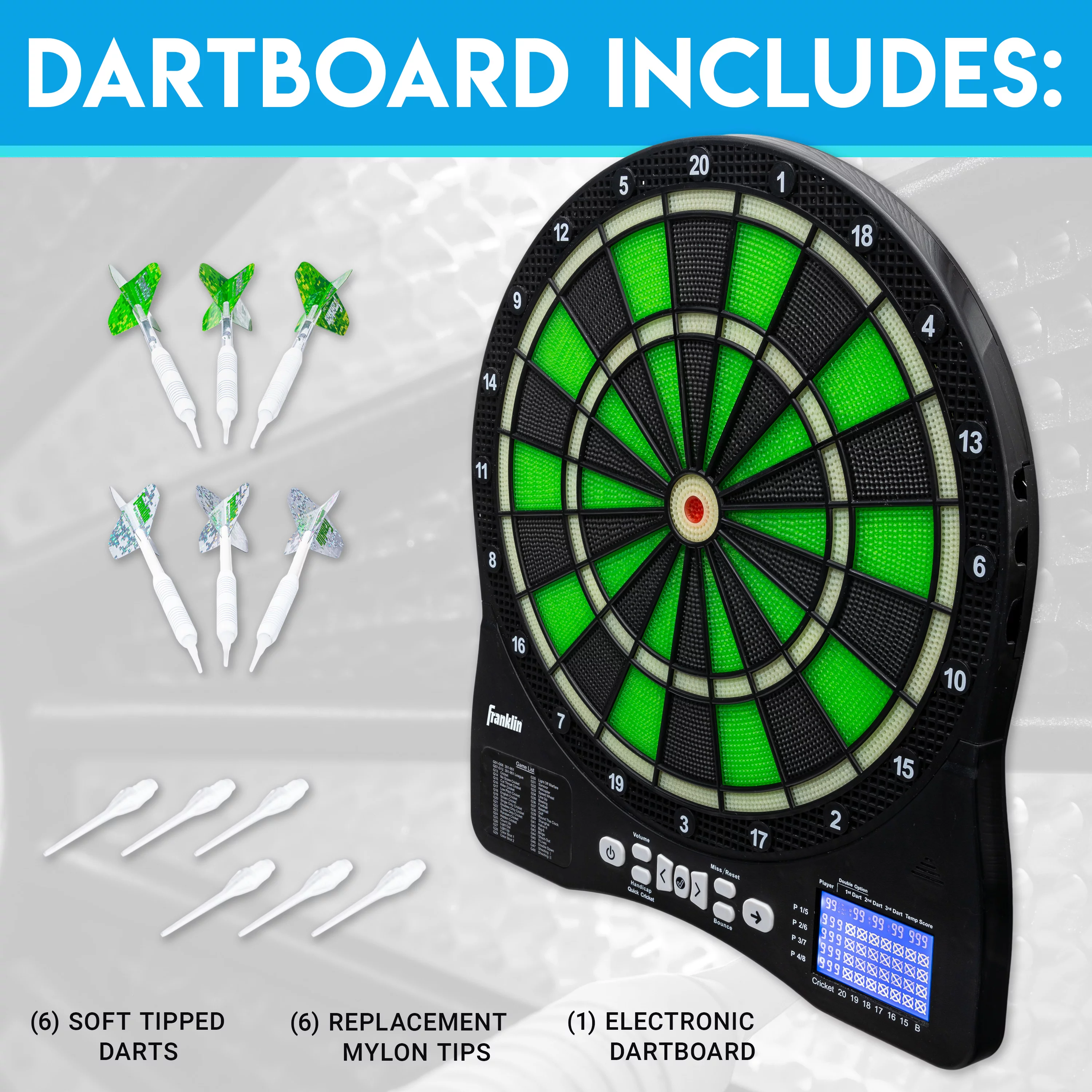 Franklin Sports Light Up Electronic Dart Board Set – LED Soft Tip Electric Dartboard with Digital Scoreboard – Adults + Kids Set – (6) Darts Included