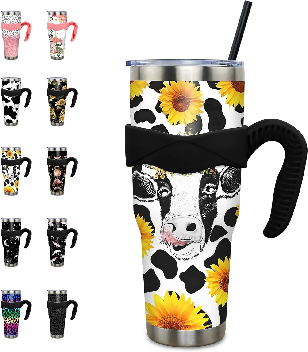 aoselan 40 oz Tumbler with Handle and Straw Leak Proof 40 oz Sunflower Cup Insulated Stainless Steel Coffee Travel Mug 40oz Sunflower Slim Tumbler with Handle Sunflower Decor Gift for Women