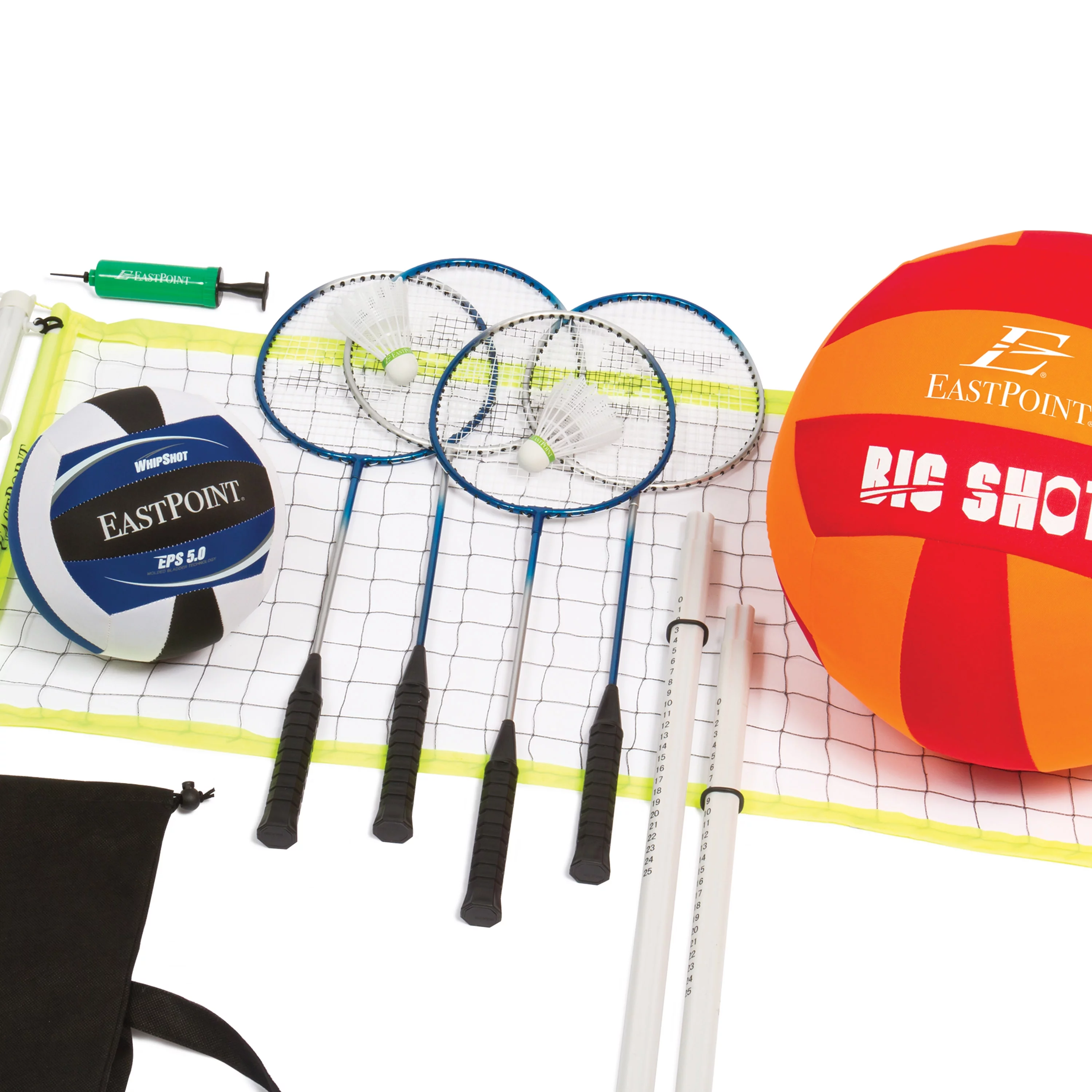 EastPoint Sports Volleyball and Badminton Combo Set – Adjustable Height Net – Includes 2 Volleyballs, 4 Rackets, & 2 Shuttlecocks