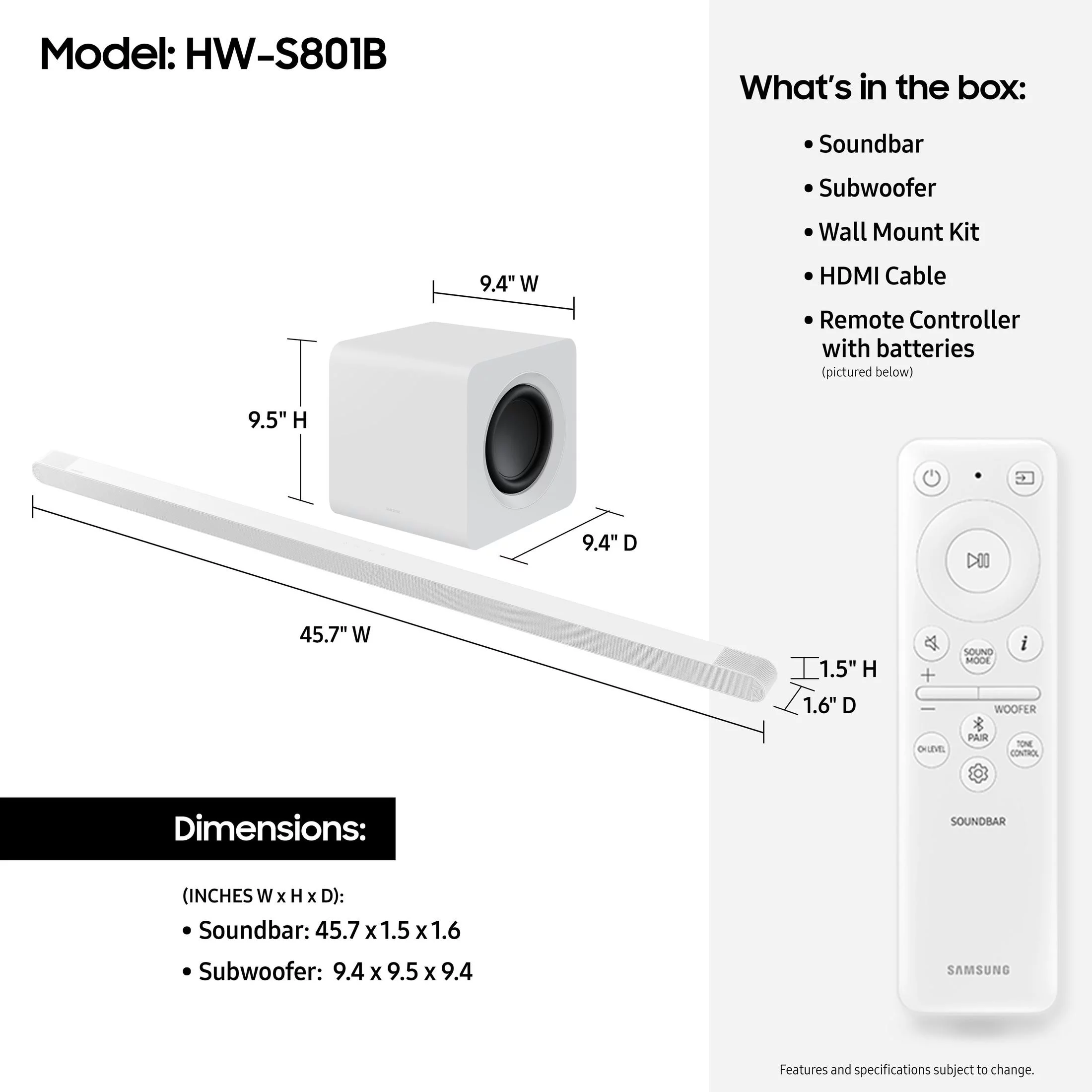 SAMSUNG HW-S800B/ZA 3.1.2ch Ultra-Slim Soundbar w/ Wireless Dolby Atmos and DTS:X