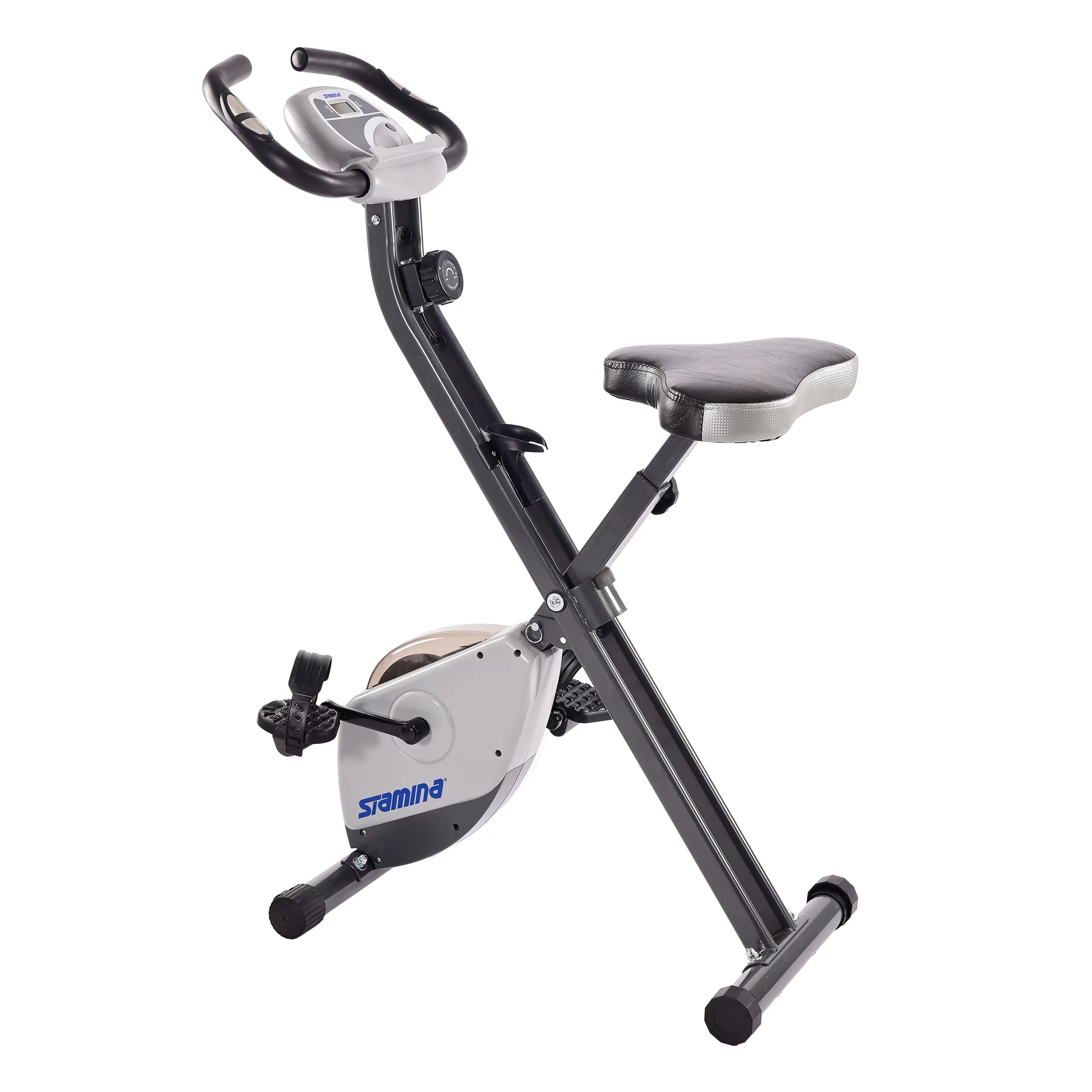 Stamina Folding Cardio Upright Exercise Bike with Heart Rate Sensors and Extra Wide Padded Seat