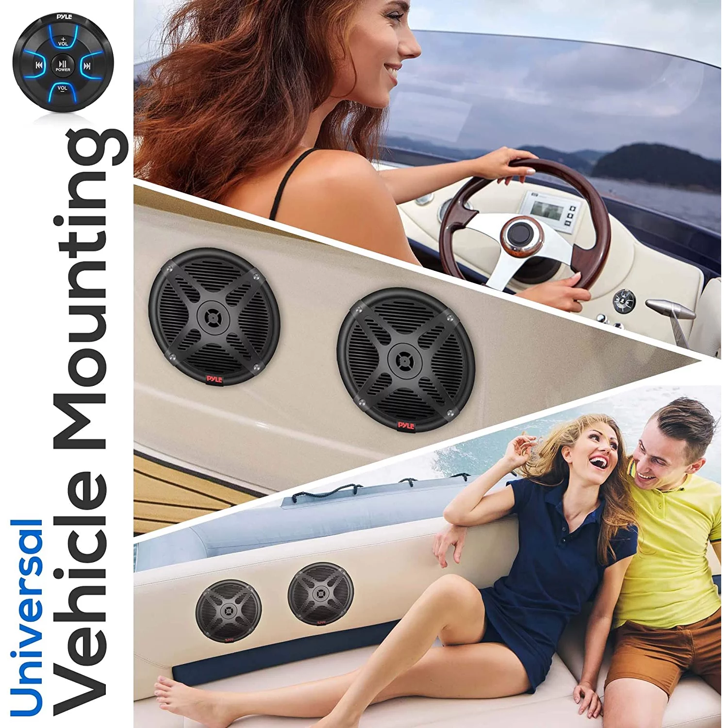 Pyle PLMRKT8 6.5″ Marine Speakers with Bluetooth Remote Control, Black (2 Pack)