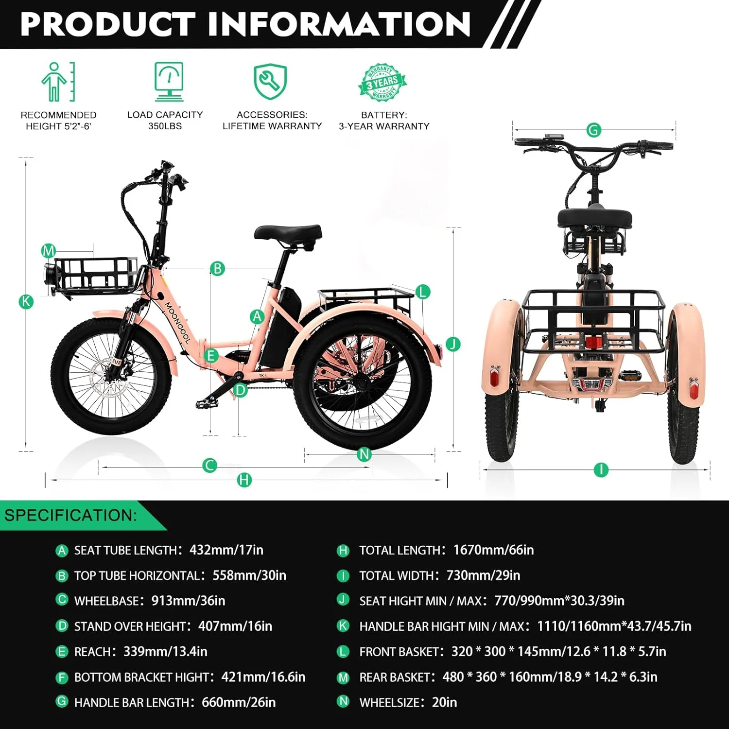 Mooncool 24″ 26″ 3 Wheel Electric Tricycle for Adults, 350W 36V 7 Speeds Motorized Electric Trike Three Wheel Electric Bikes Bicycle with Large Basket for Women Men