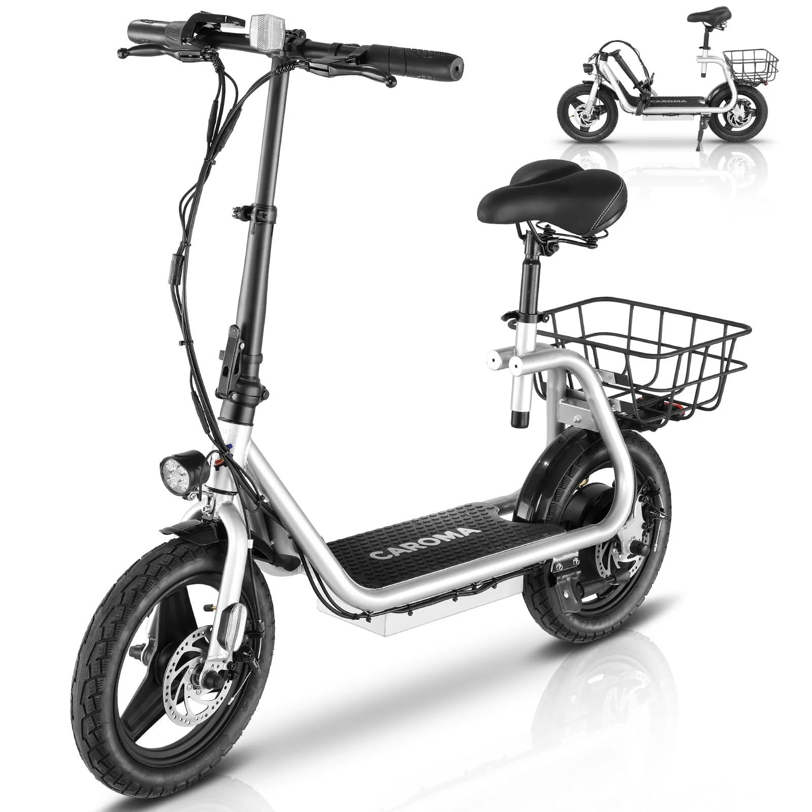 Caroma 500W Electric Scooter with Seat for Adult, 14 inch Commuter Electric Scooter with Dual Shock Absorbers and Basket – Up to 25 Miles 20 MPH, Silver