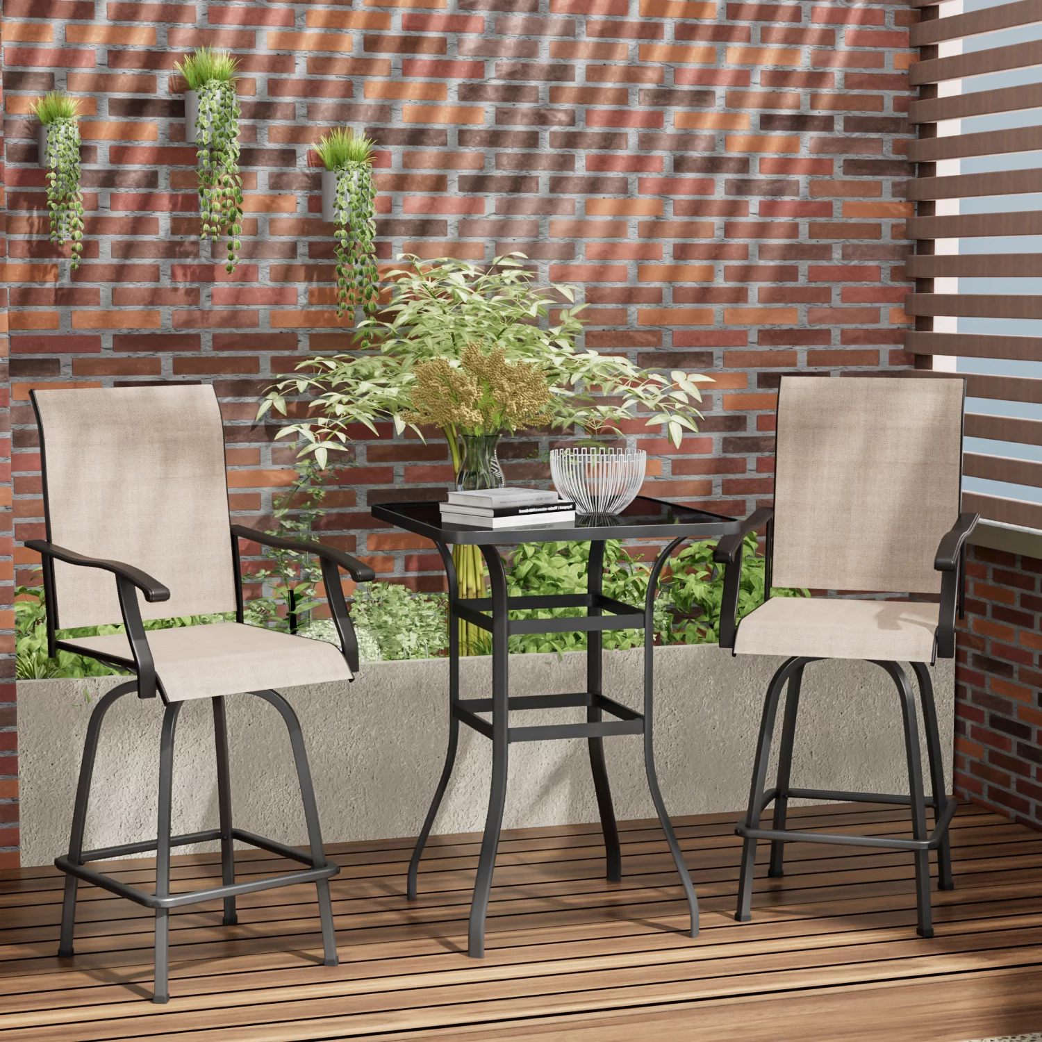 Devoko Outdoor High Bar Bistro Chair Set Patio Outdoor Textilene Swivel Chair and Tempered Glass Table Set of 3, Light Brown, Steel