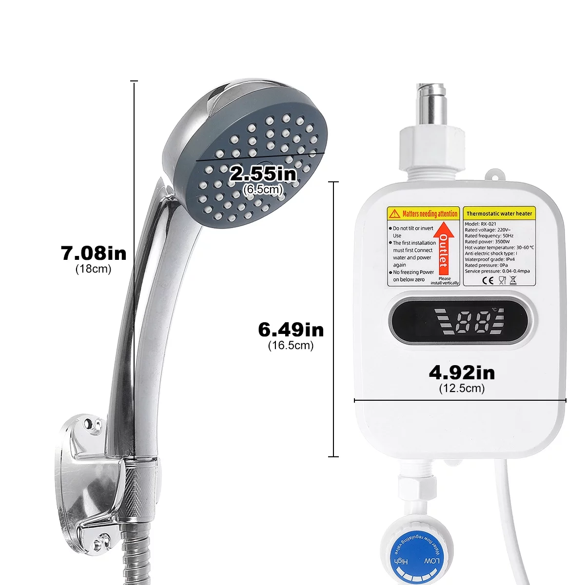 3500W Electric Tankless Water Heater Shower Head Set, Instant Hot Water Heater LCD Display,Overheating Protection, White