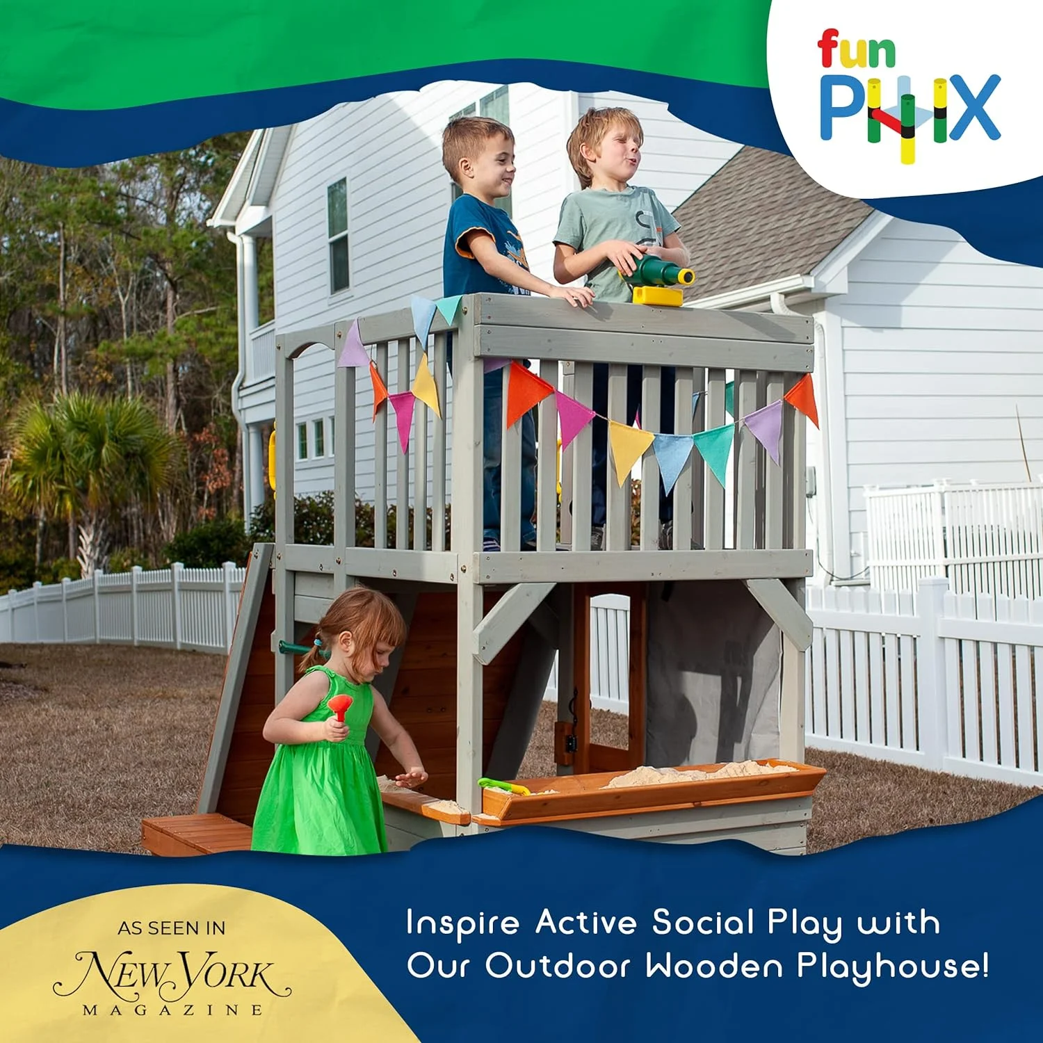 Large Playhouse for Kids Outdoor – Funphix Wooden Playhouse with Sandbox, Bench, Play Telescope, Ladder, Climbing Ramp & Doors – Durable 2 Levels Lookout Post Outdoor Playset for Backyard