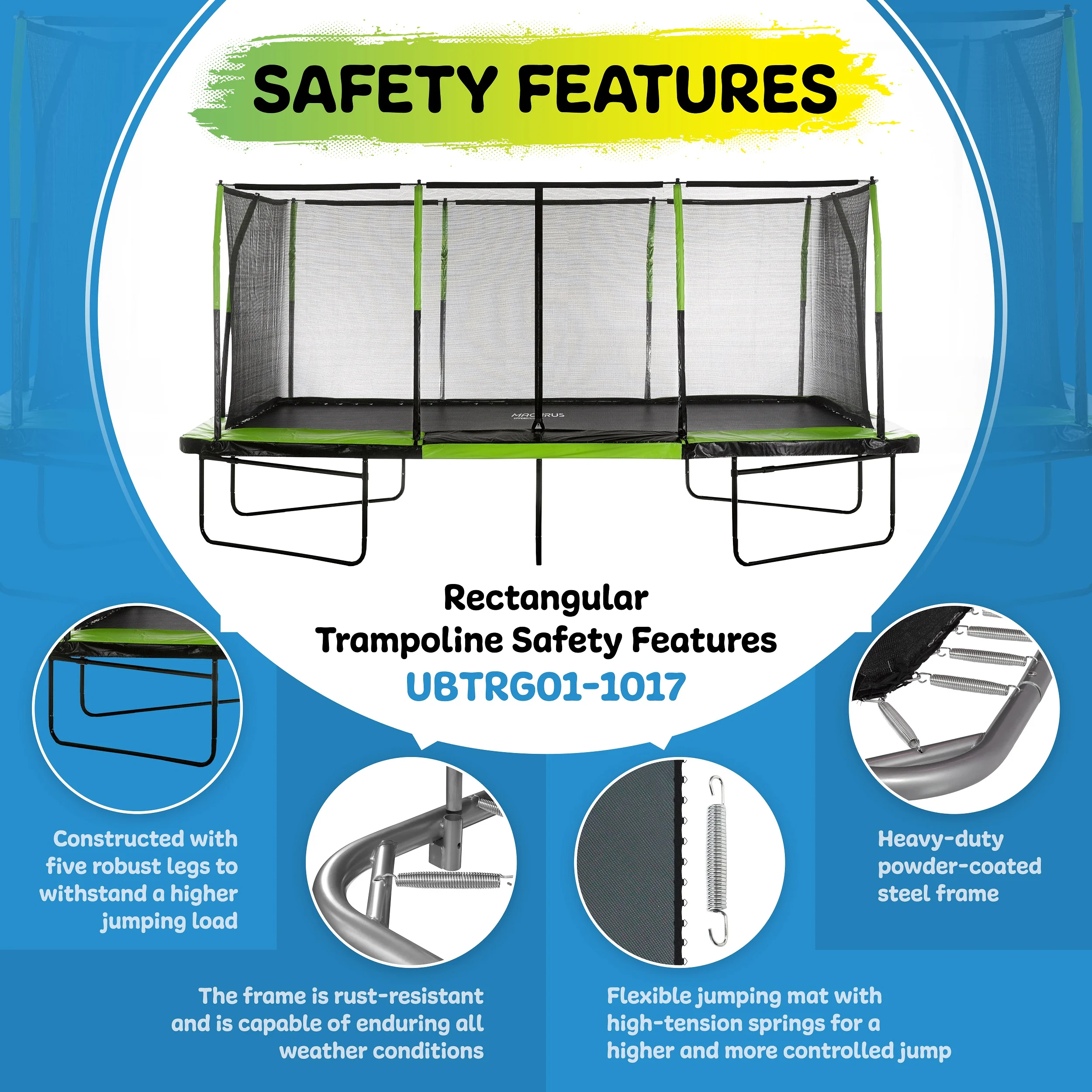 Machrus Upper Bounce – Mega 10′ X 17′ Gymnastics Style, Rectangular Trampoline Set with Premium Top-Ring Enclosure System – Green/Black