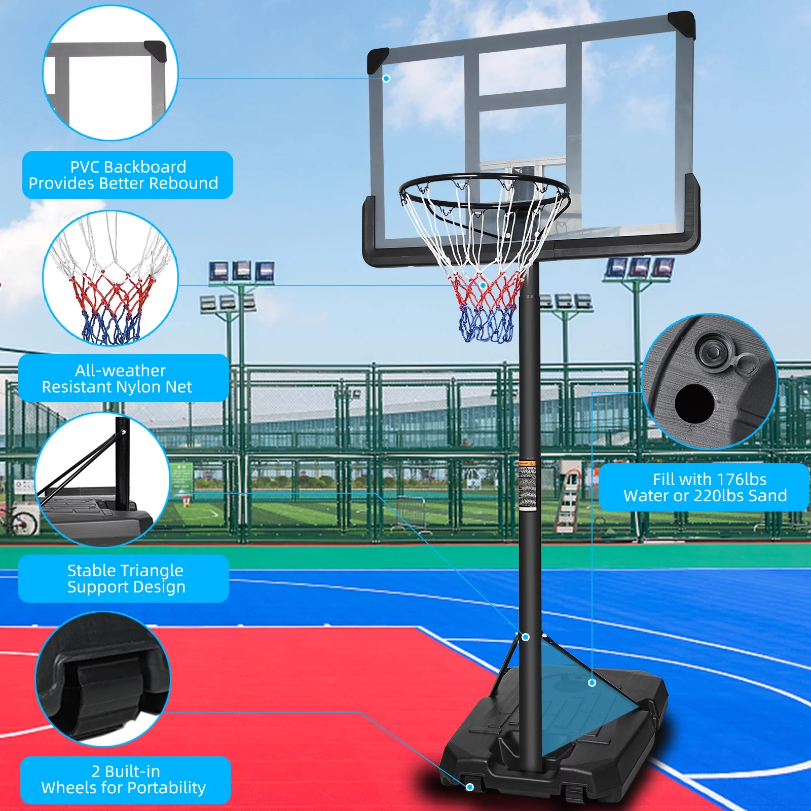 GIKPAL 44?? Backboard with 3 Gear Adjustable Portable Basketball Hoop Goal System from 6.6-10ft  for Kids/Adults Indoor Outdoor