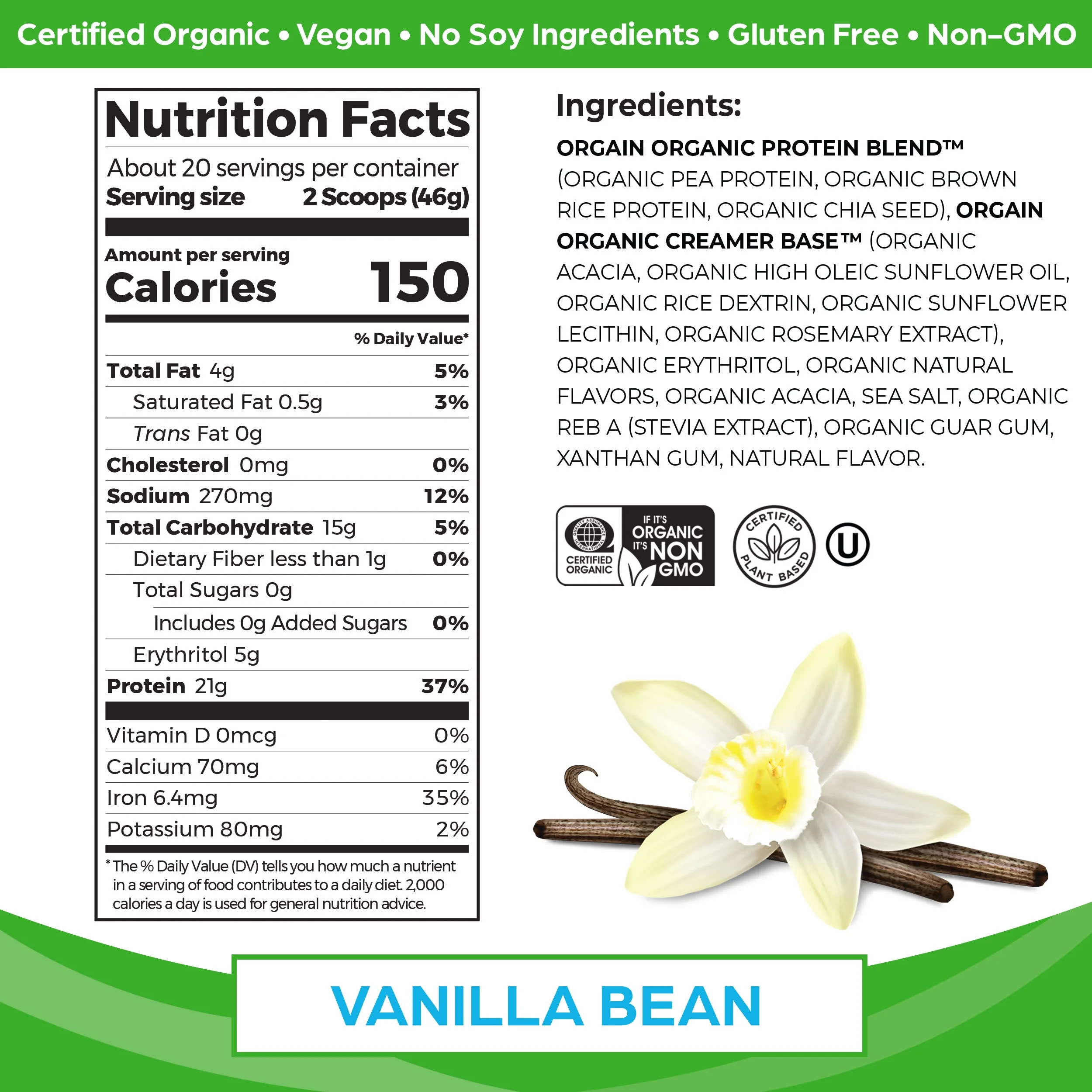 Orgain Organic Vegan 21g Protein Powder, Plant Based, Vanilla Bean 2.03lb