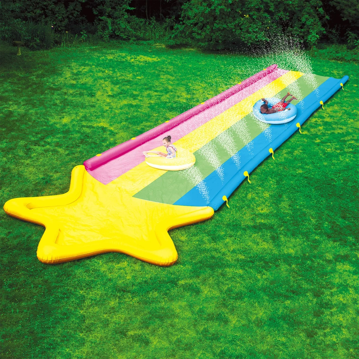 WOW Sports 40′ x 8′ Rainbow Star Super Slide with 2 Inflatable Sleds (21-2520-WOW)