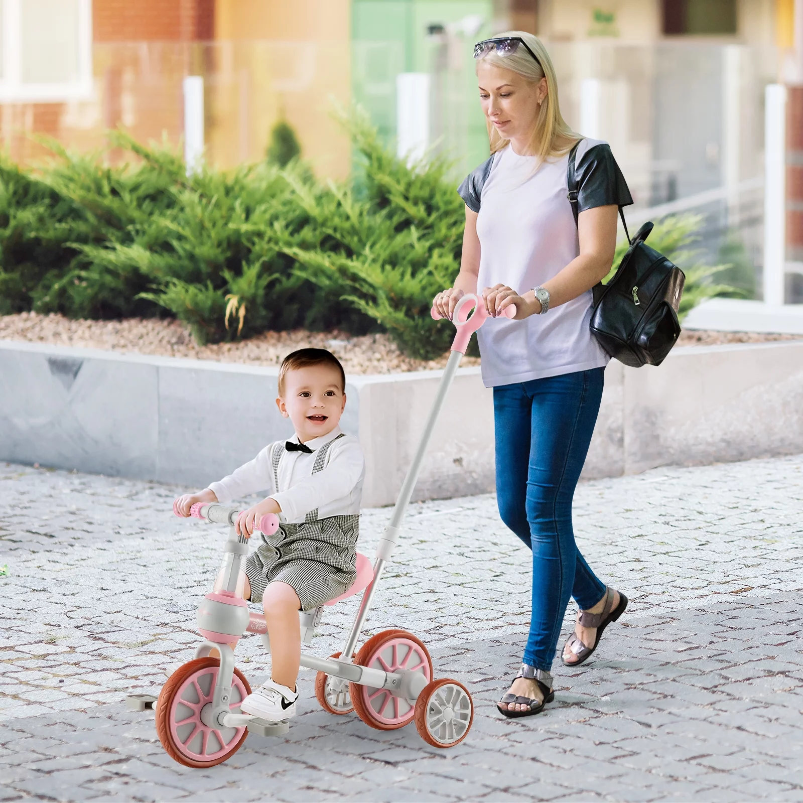 Infans 4 in 1 Kids Tricycles w/ Push Handle & Training Wheels Baby Balance Bike Pink