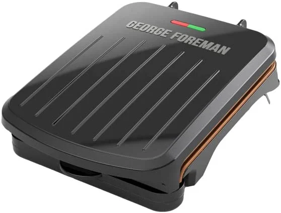 George Foreman Electric Indoor Grill and Panini Press, Black with Copper Plates, Serves 2, Classic Plate, GRS040-Series