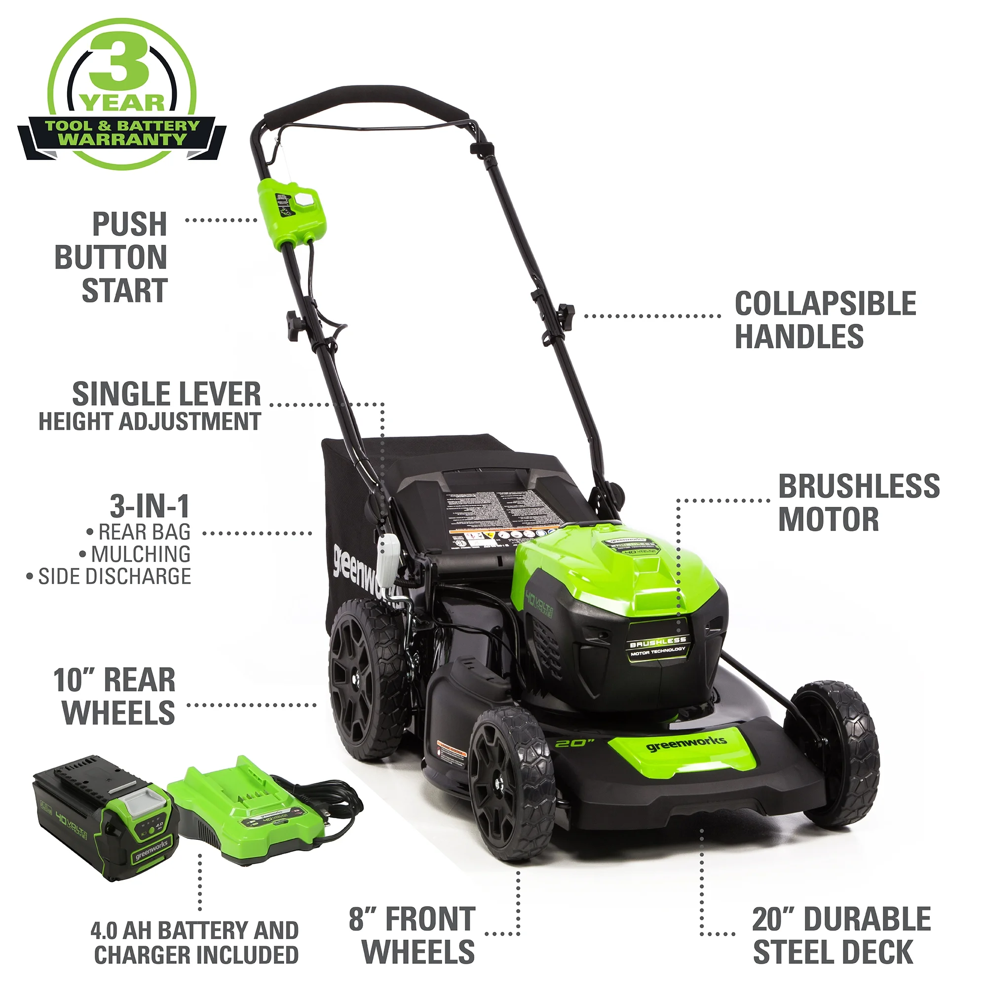 Greenworks 40V 20″ Brushless Push Lawn Mower with 4.0 Ah Battery & Quick Charger 2516302VT