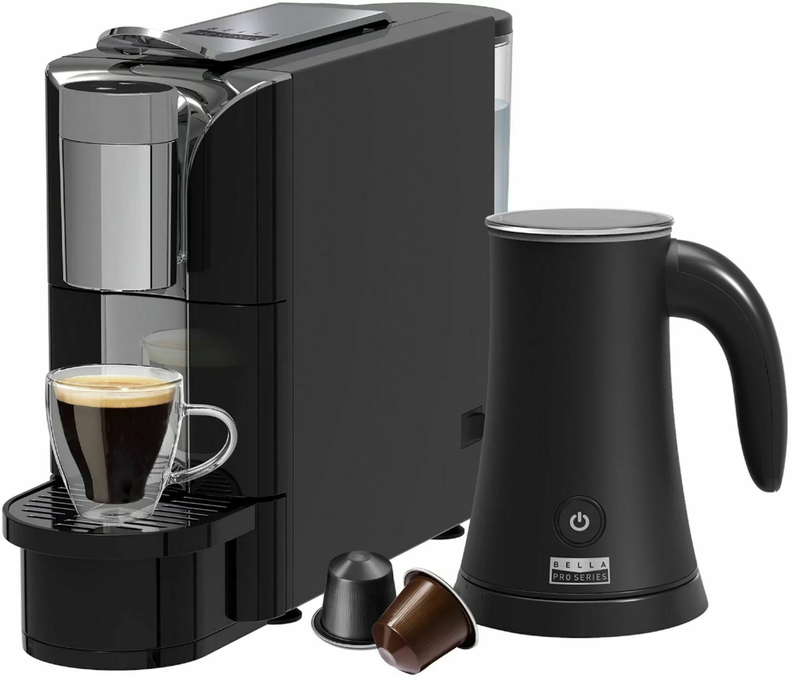 Bella Pro Series – Capsule Coffee Maker and Milk Frother – Black – new (bb)