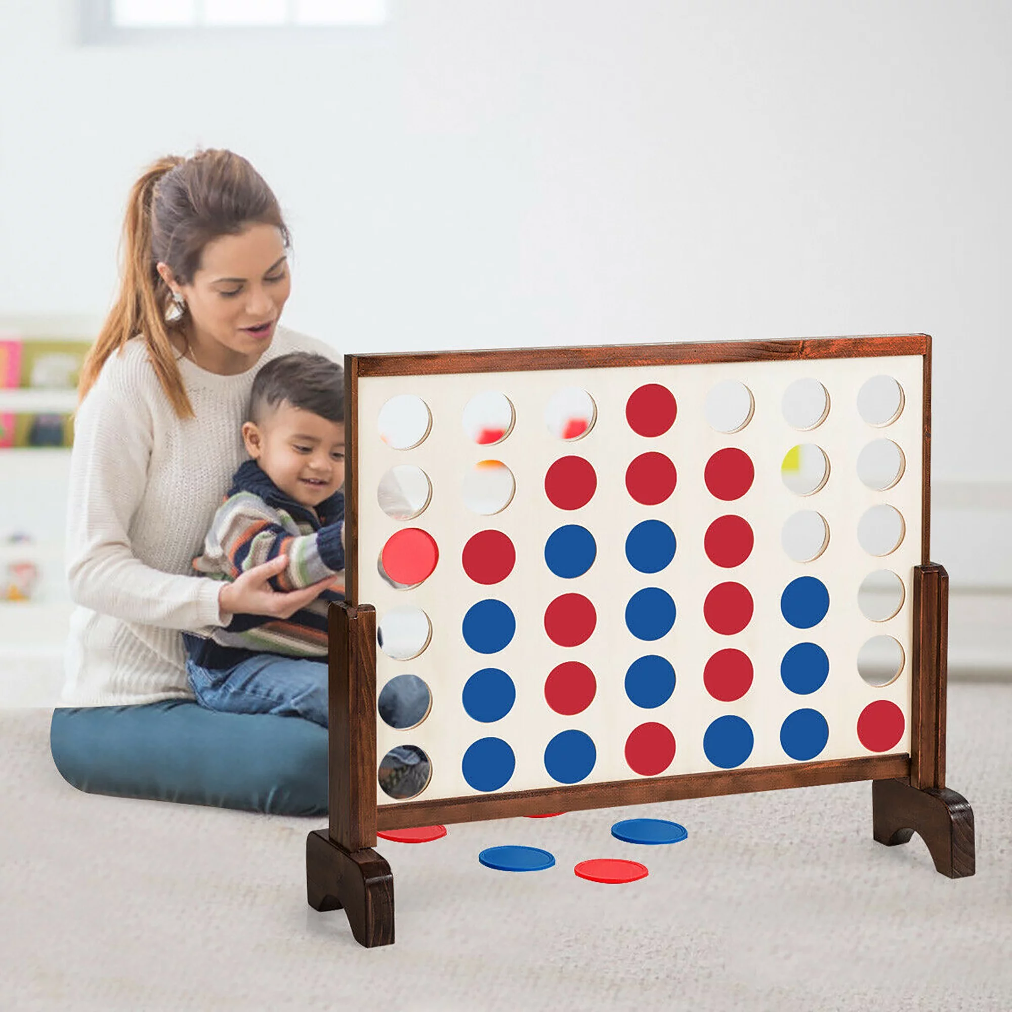 Costway Giant 4 In A Row Game Wood Board Connect Game Toy For Adults Kids w/Carrying bag Natural