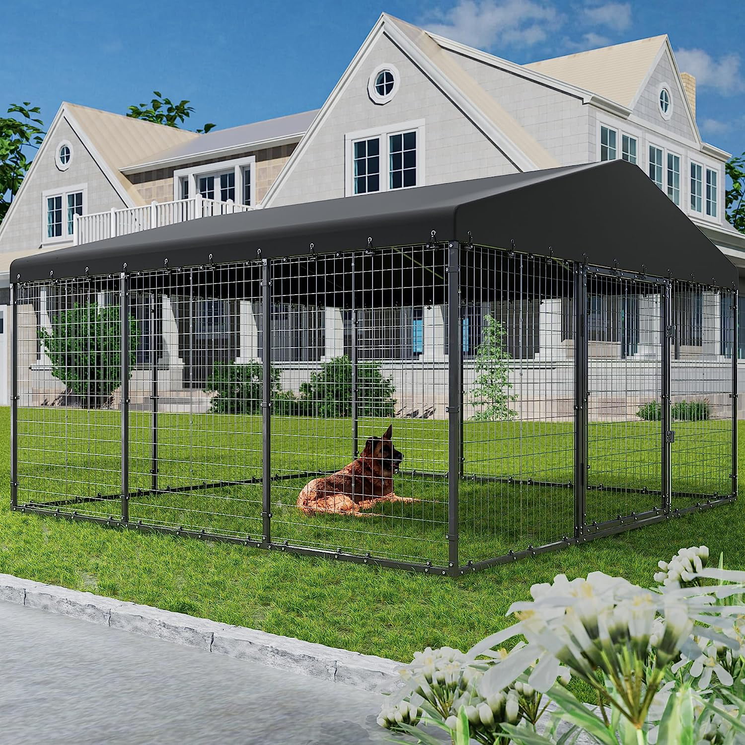 ALAULM Large Heavy Duty Outdoor Dog Kennel, Galvanized Steel Dog Kennel Fence with Roof and Double Safety Locks