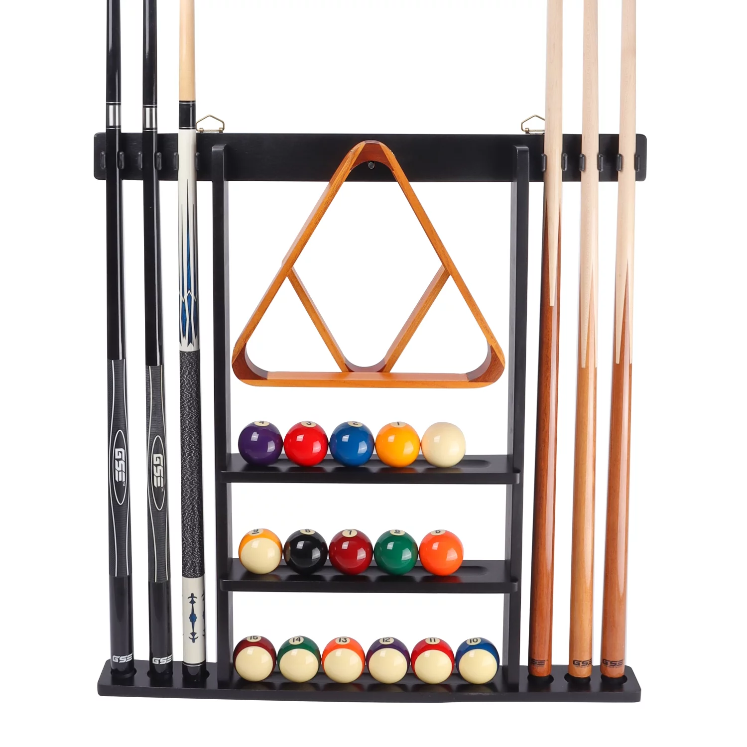 GSE Games & Sports Expert Billiard Pool Cue Stick Hanging Wall Mounting Rack. Holds 6 Pool Cue Stick, Billiard Ball Rack and Pool Ball – Black