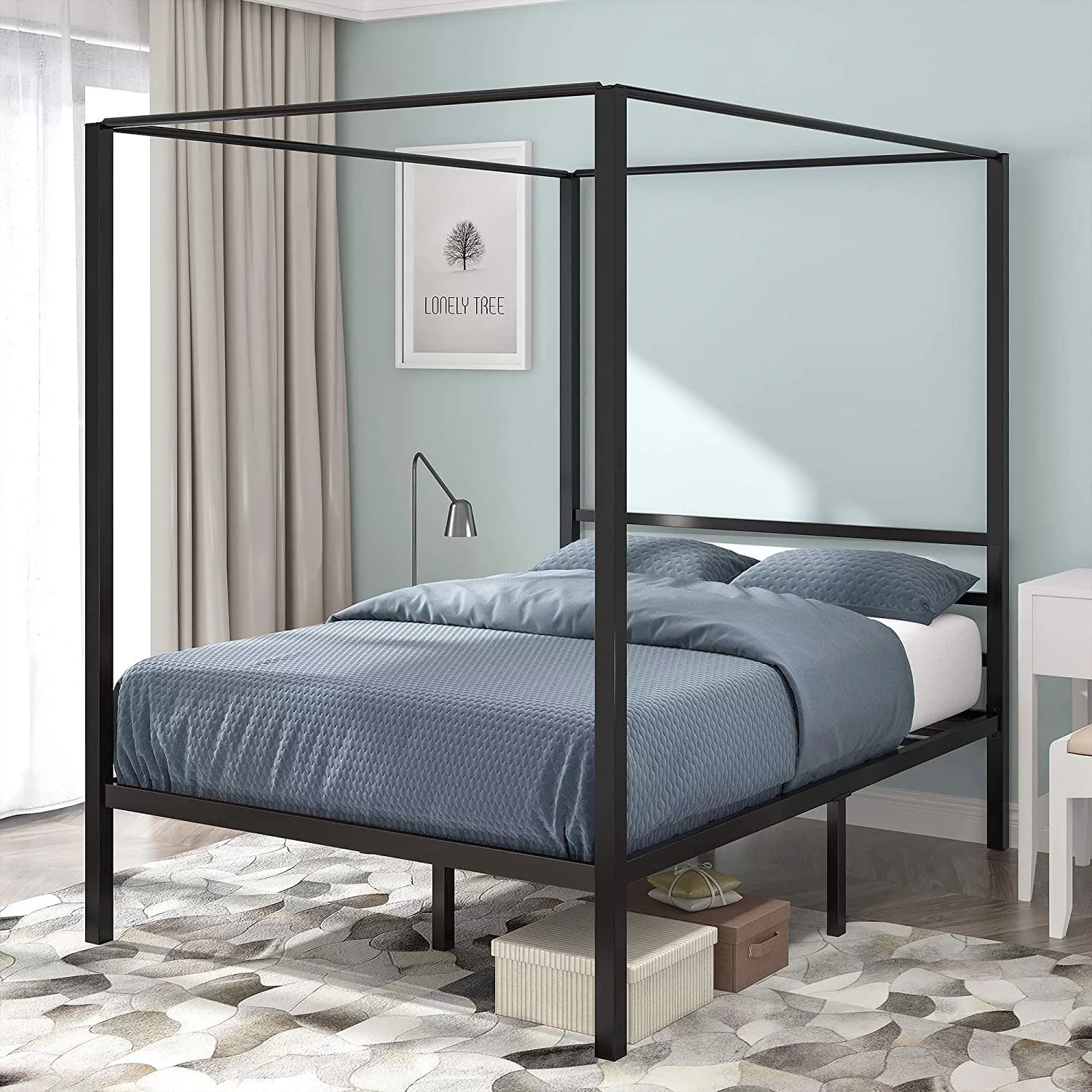 Dextrus 14inch Metal Canopy Bed Frame Platform , Black, Full Size