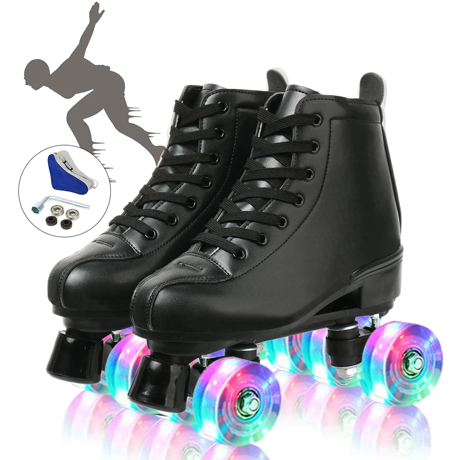 EONROACOO Flashing Wheels Roller Skates for Adult, Leather Double-Row Roller Skates for Women&Men Quad Skates(Green, Women 7/Men 5.5)