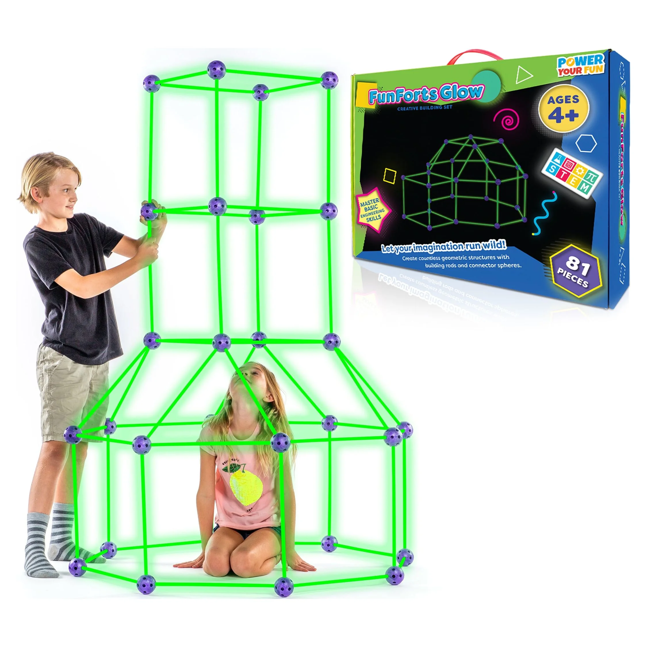 Power Your Fun 81pc Glow in the Dark Fort Kids Tent Building Toys Outdoor Playhouse