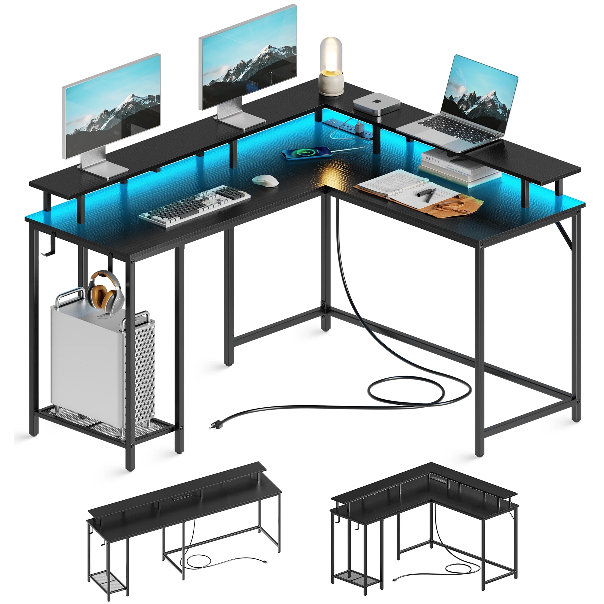 SUPERJARE L Shaped Desk with Outlets & USB Ports, Gaming Desk with LED Light Strip, Corner Computer Desk, L Office Desk, Monitor Stand, Hooks, and Storage Shelves, Black