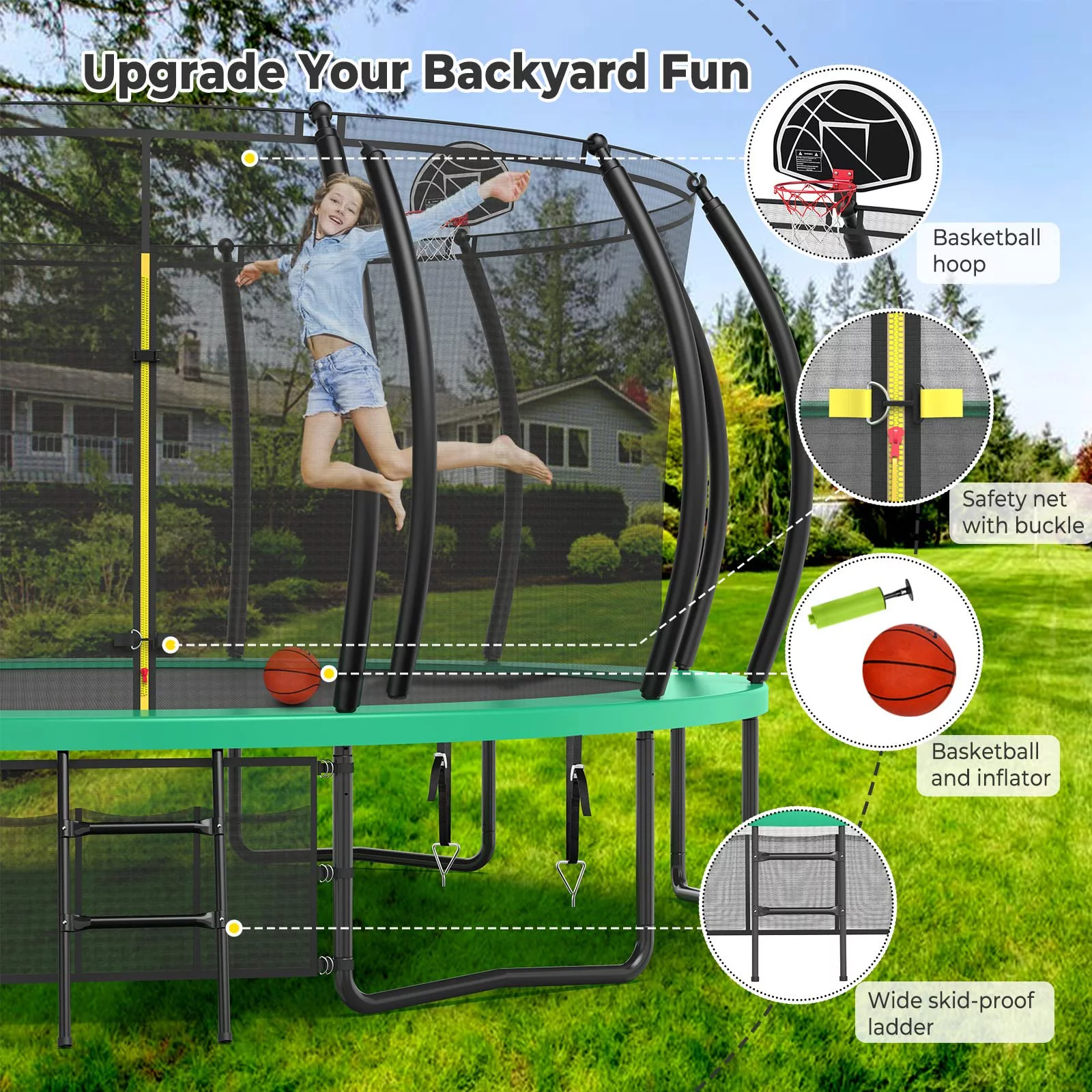 Jump Into Fun Trampoline 16FT, 1500LBS Trampoline for Adults/ 8-10 Kids, Trampoline with Enclosure, Basketball Hoop, Shoes Bags, Galvanized Full Spray Round Outdoor Trampoline with Curve Pole