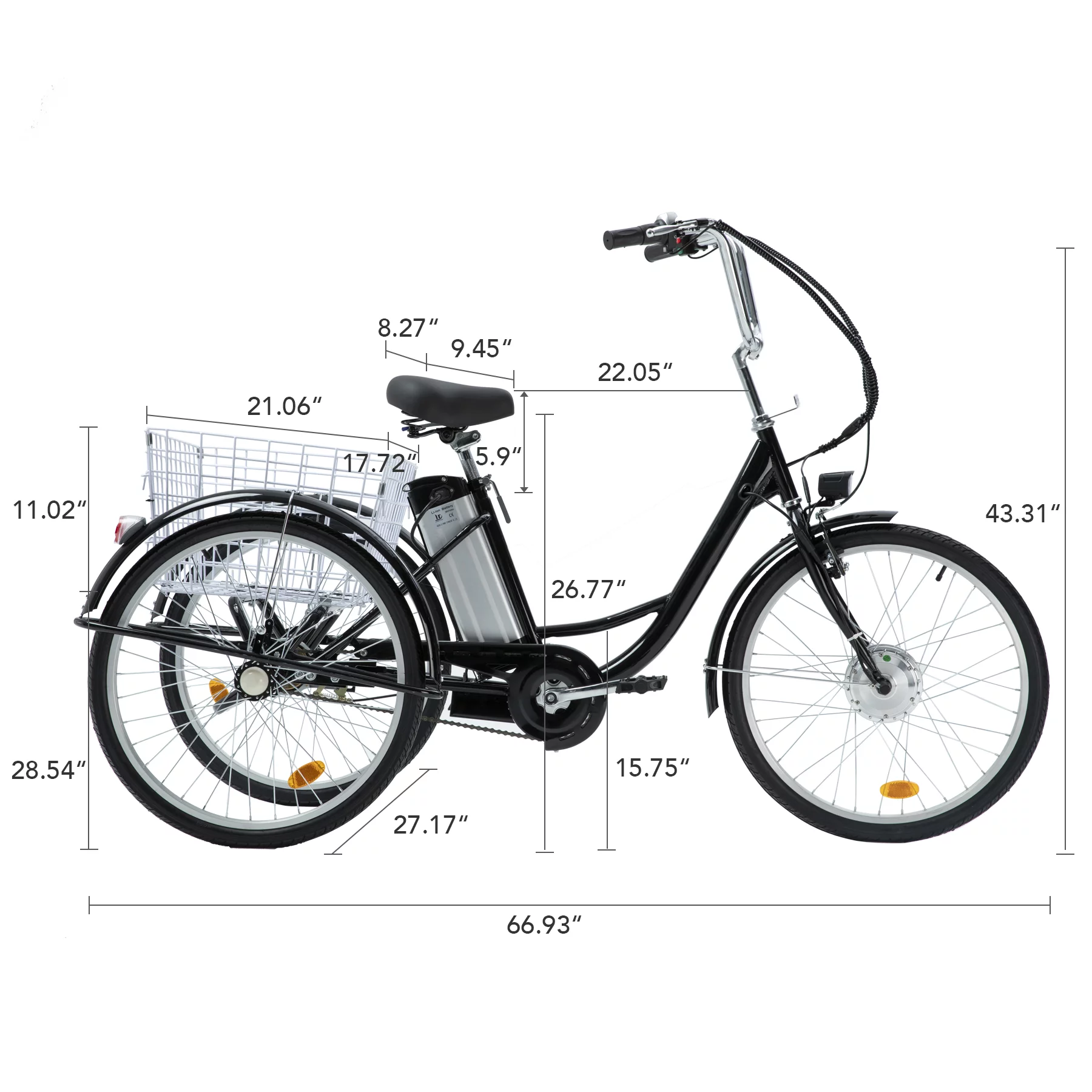 VIRIBUS 24 Inch Electric Trike Bike for Adults 250w 36V 3 Wheel Electric Bicycle for Women Men, Black