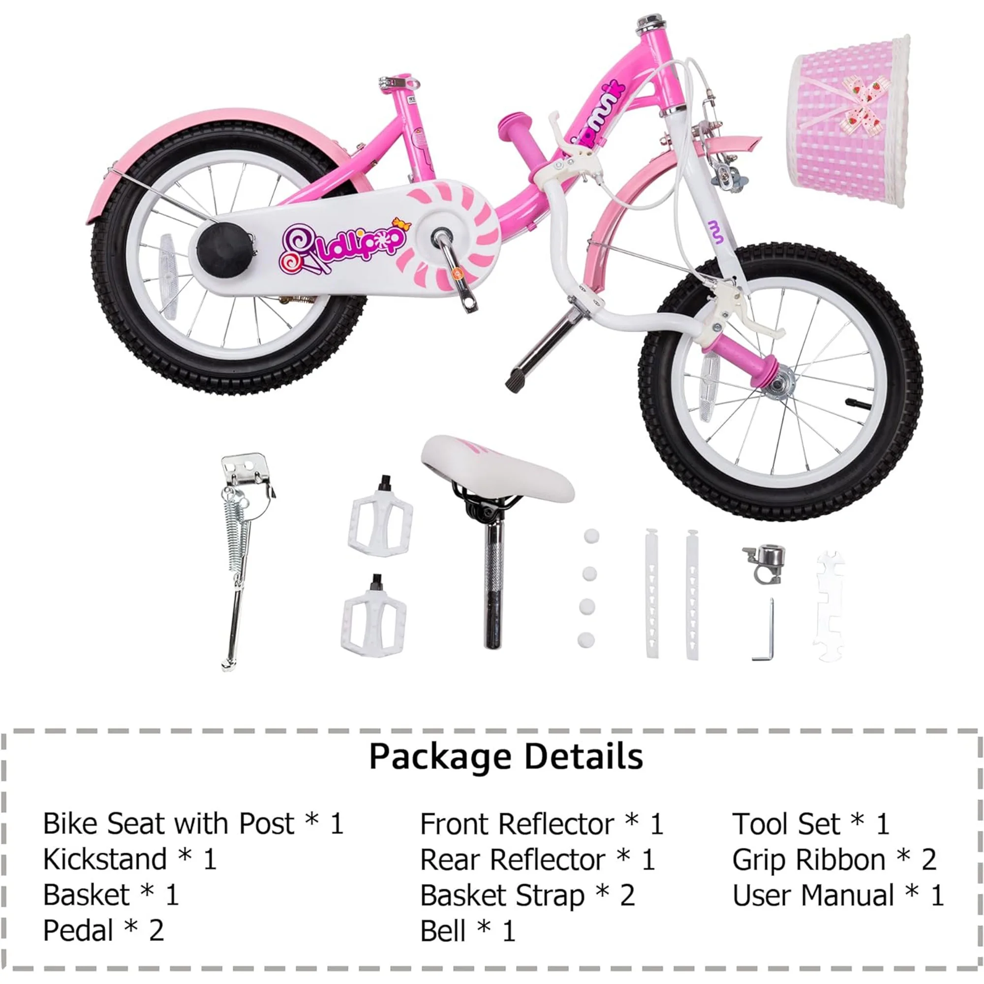 RoyalBaby Chipmunk Girls Kids Bike Bicycle with Basket Training Wheels 14 Inch Lollipop Pink