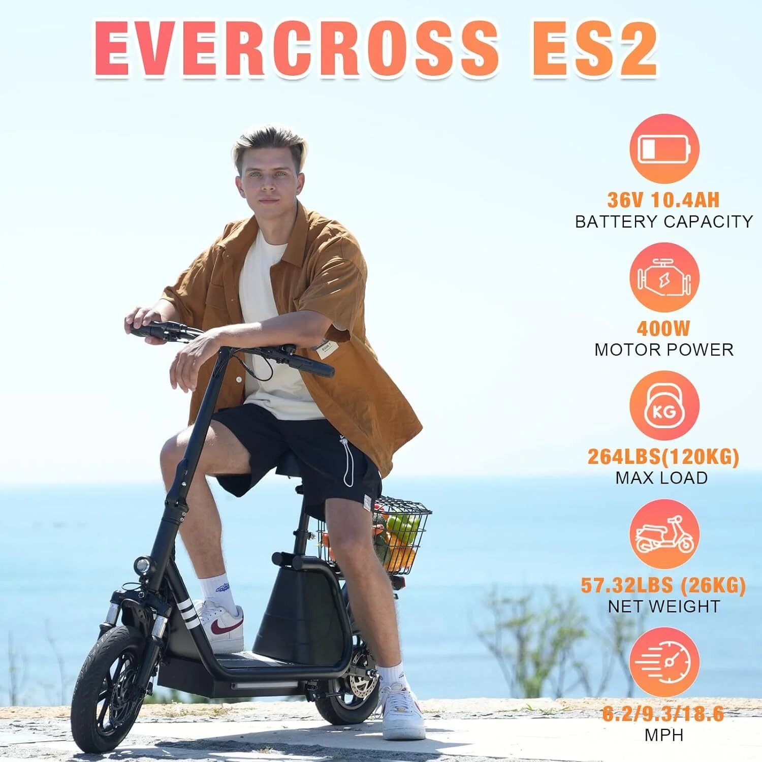 EVERCROSS Electric Scooter with Seat for Adult, 400W Motor up to 22 Miles Range & 18.6Mph, 12″ Pneumatic Tire Foldable Scooter with Seat & Carry Basket