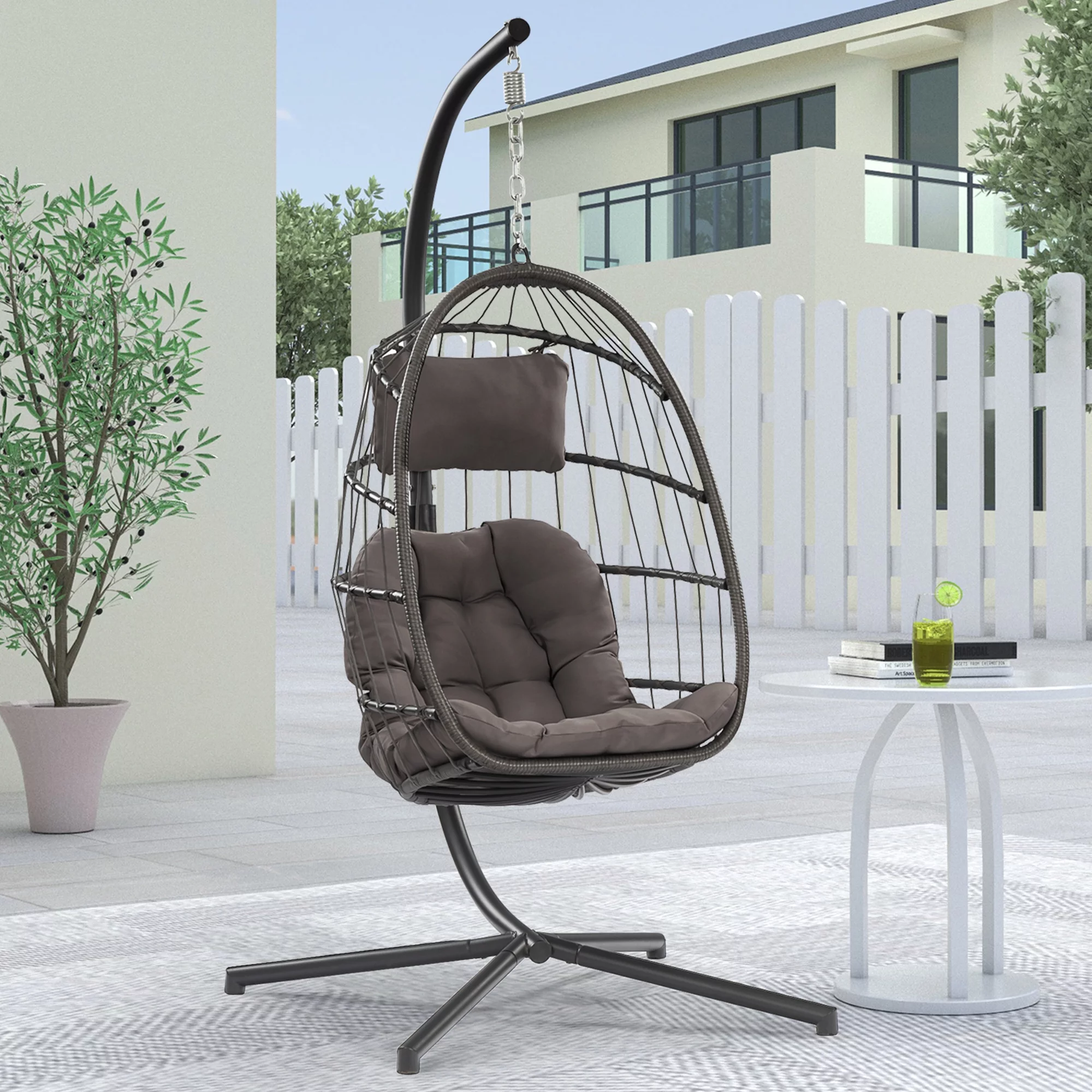 Hanging Egg Chair with Stand and Fluffy Cushion Lounge Wicker Iron Swing Chairs,light gray