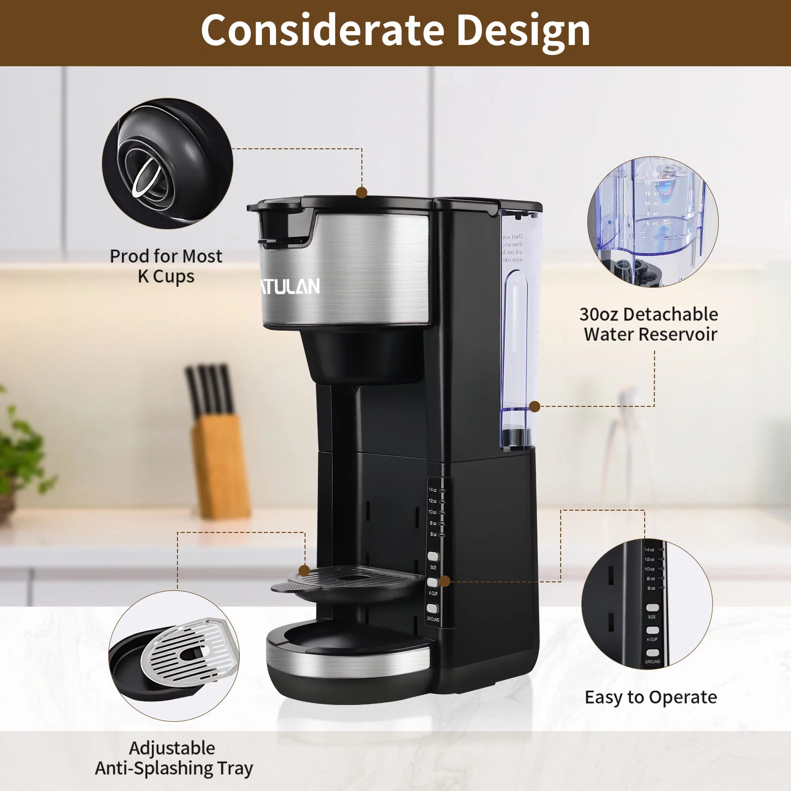 Single Serve Coffee Maker K Cup & Ground Coffee, One Cup Coffee Maker Brews 6-14 Oz in 2 Mins, Pod Coffee Maker Fits Travel Mugs, with 30 Oz Removable Water Tank, Reuseable Filter, Black