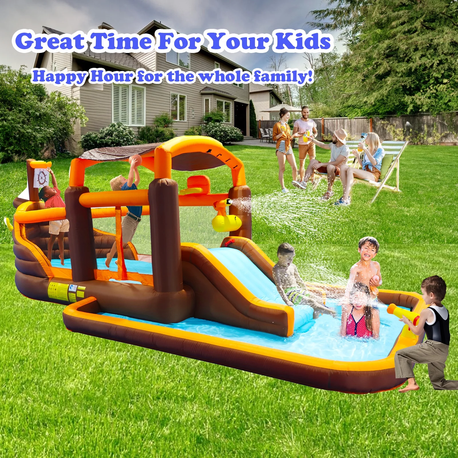 Track 7 Inflatable Water Park,Inflatable Big Bounce House Cruise Ship Pattern Slide Water Park Bouncer with Splash Pool & Basketball & Blower