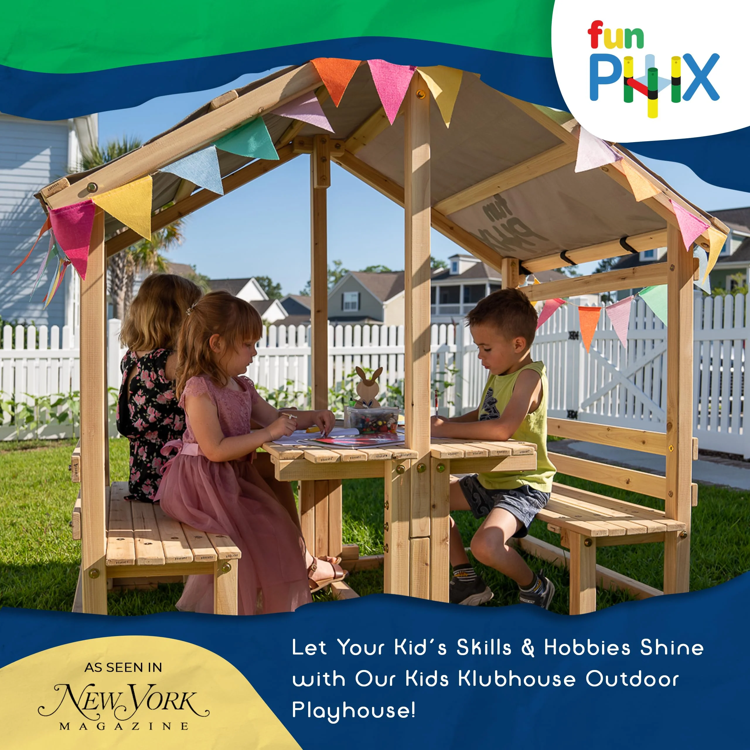 Outdoor Playhouse – Funphix Kids Klubhouse Wooden Playhouse with Table & Benches – Multifunctional Toy for Fun Play & Learning – Durable & Easy to Assemble Backyard Playground Set