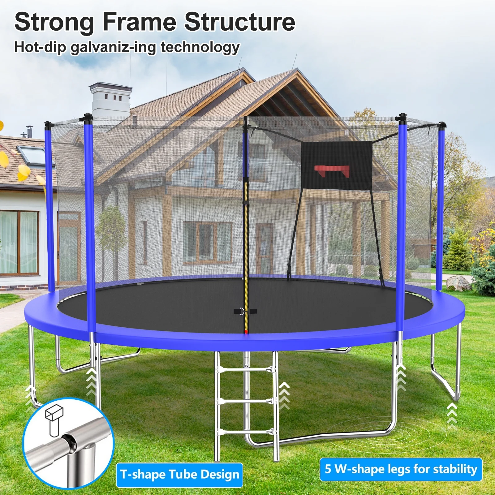 Trampoline with Enclosure on Clearance, SEGMART 14 Feet Kids Outdoor Trampoline with Safety Enclosure Net, Basketball Hoop and Ladder, Heavy Duty Round Trampoline for Indoor Outdoor Backyard, Blue