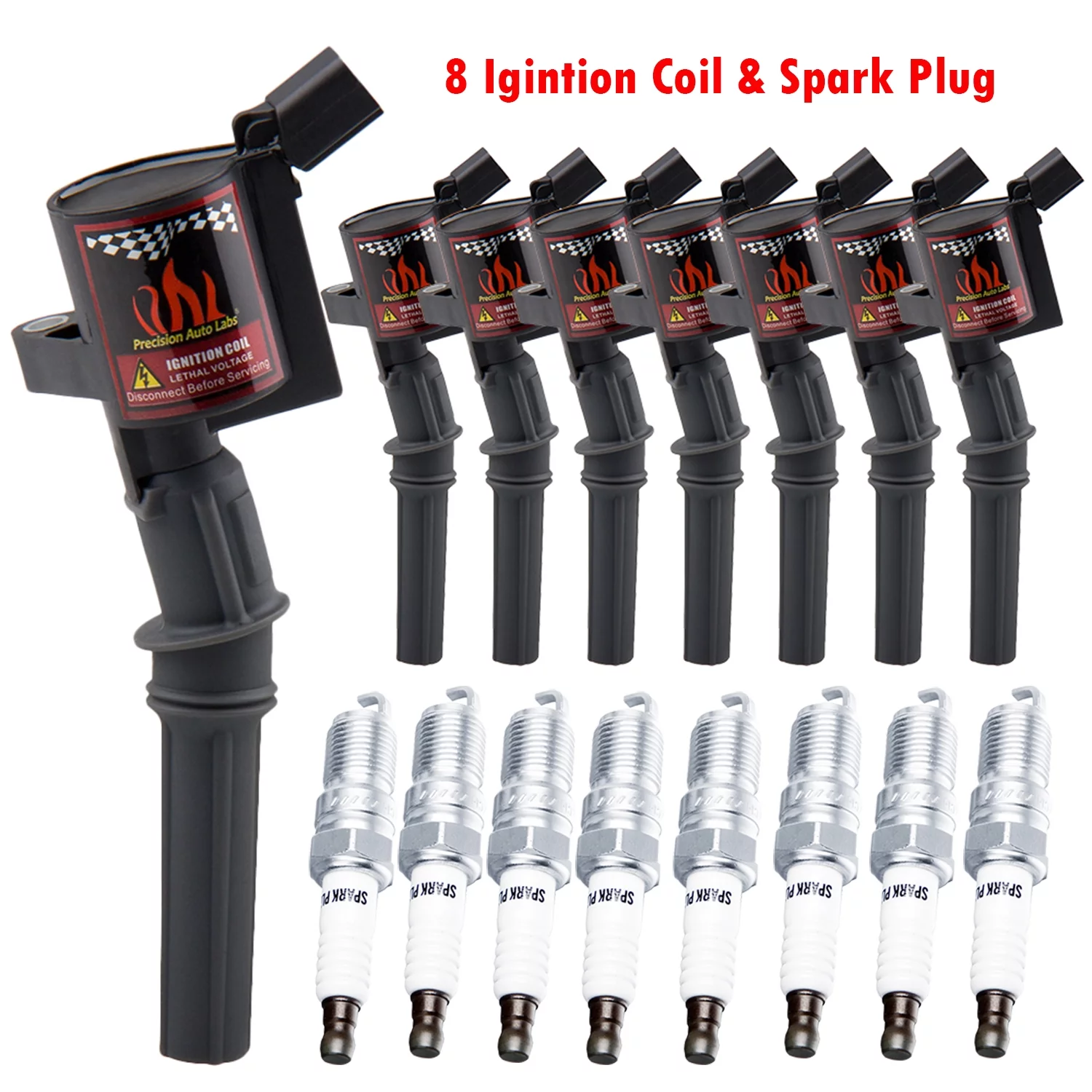 Set of 8 Ignition Coils & 8 Spark Plugs for Ford F150 Lincoln 4.6L 5.4L V8 Replacement for DG508, Black