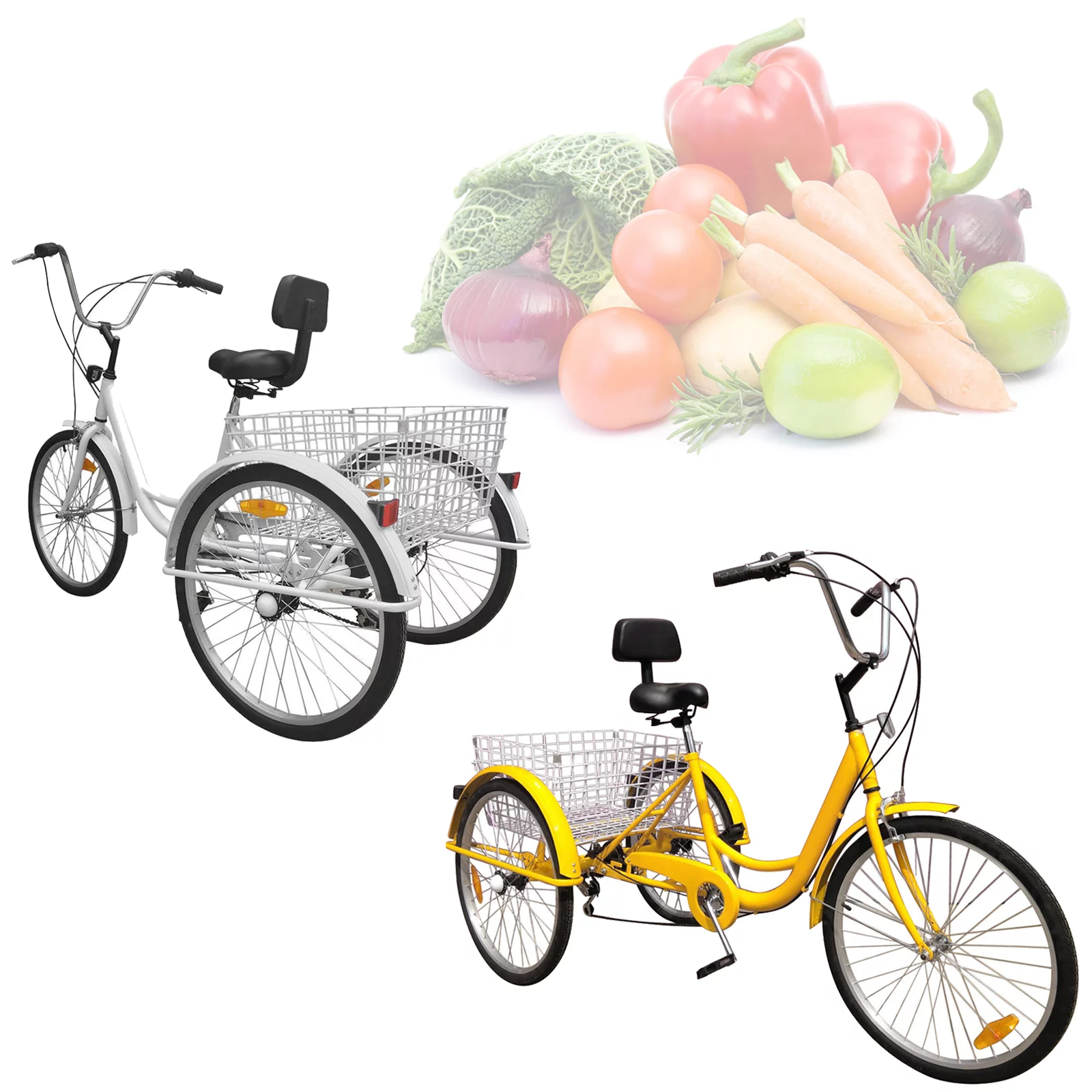 Motor Genic 7-Speed Shimano 24 inch  Adult 3 Wheel Tricycle Cruise Bike Bicycle With Basket White/Yellow