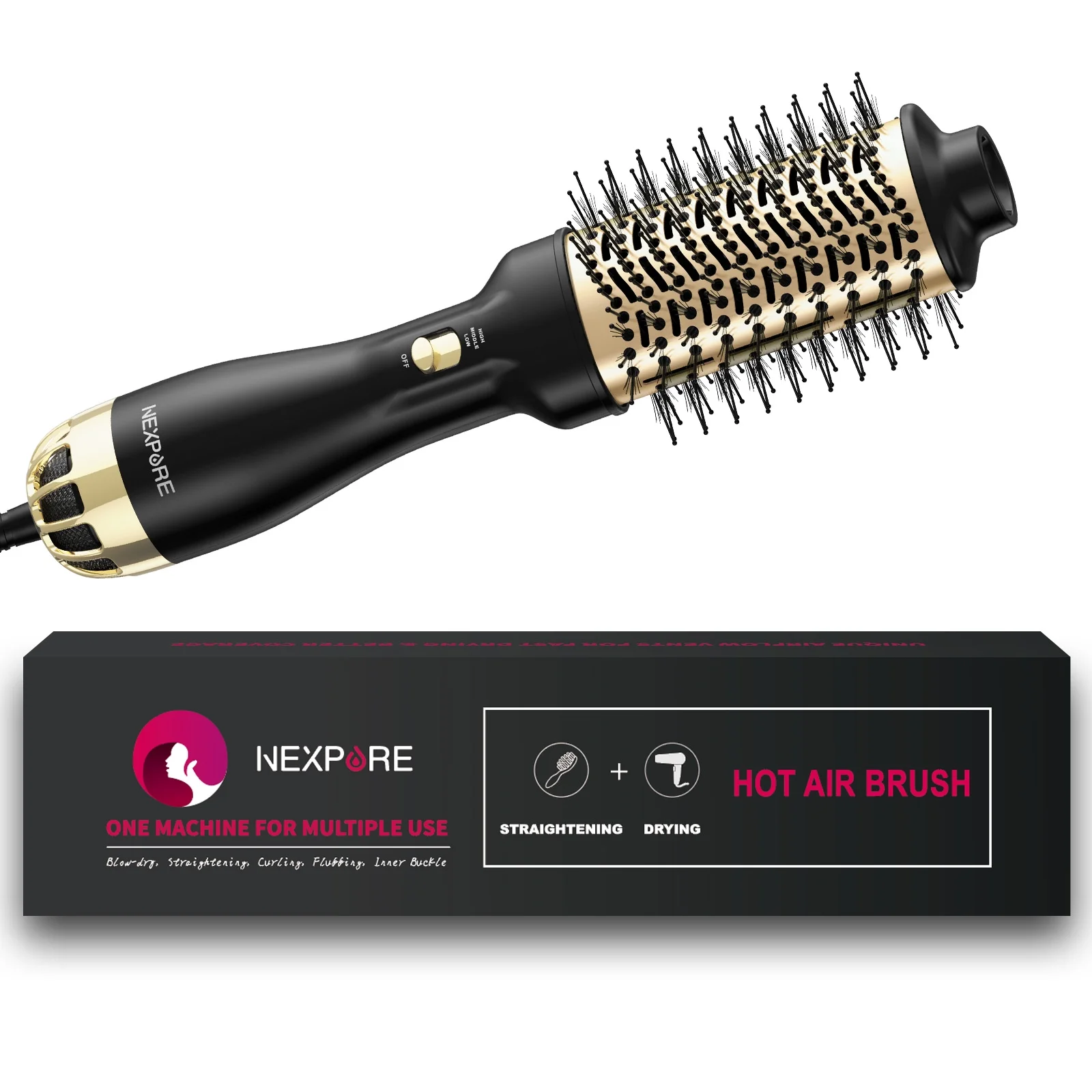 NEXPURE Hair Dryer Brush,Upgraded 4 in 1 Hair Dryer Brush Blow Dryer Brush in One with Negative Ion Anti-Frizz Ceramic Titanium Barrel Hot Air Brush Hair Straightener Brush