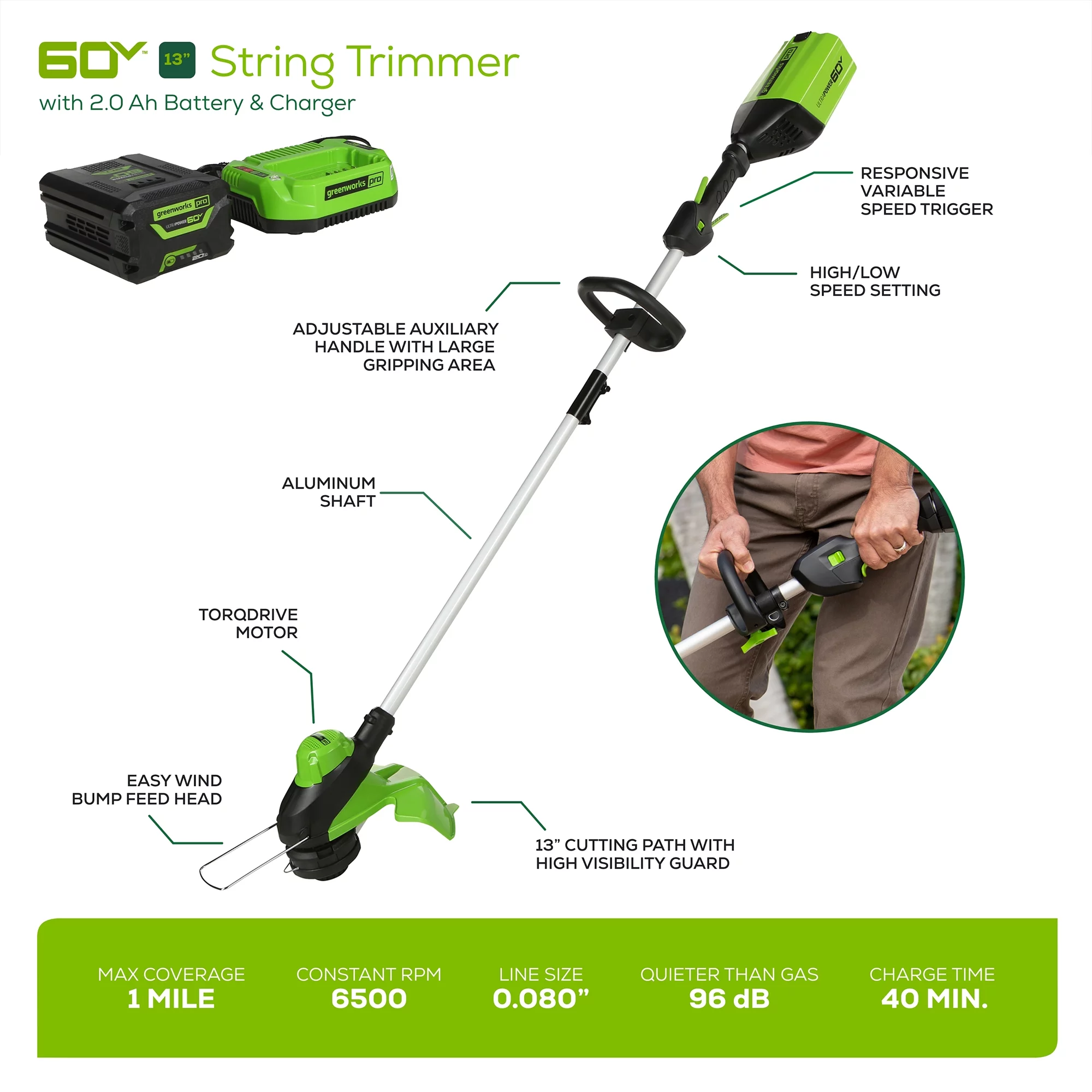 Greenworks 60V 13″ Cordless Battery String Trimmer with 2.0Ah Battery & Charger 2122902