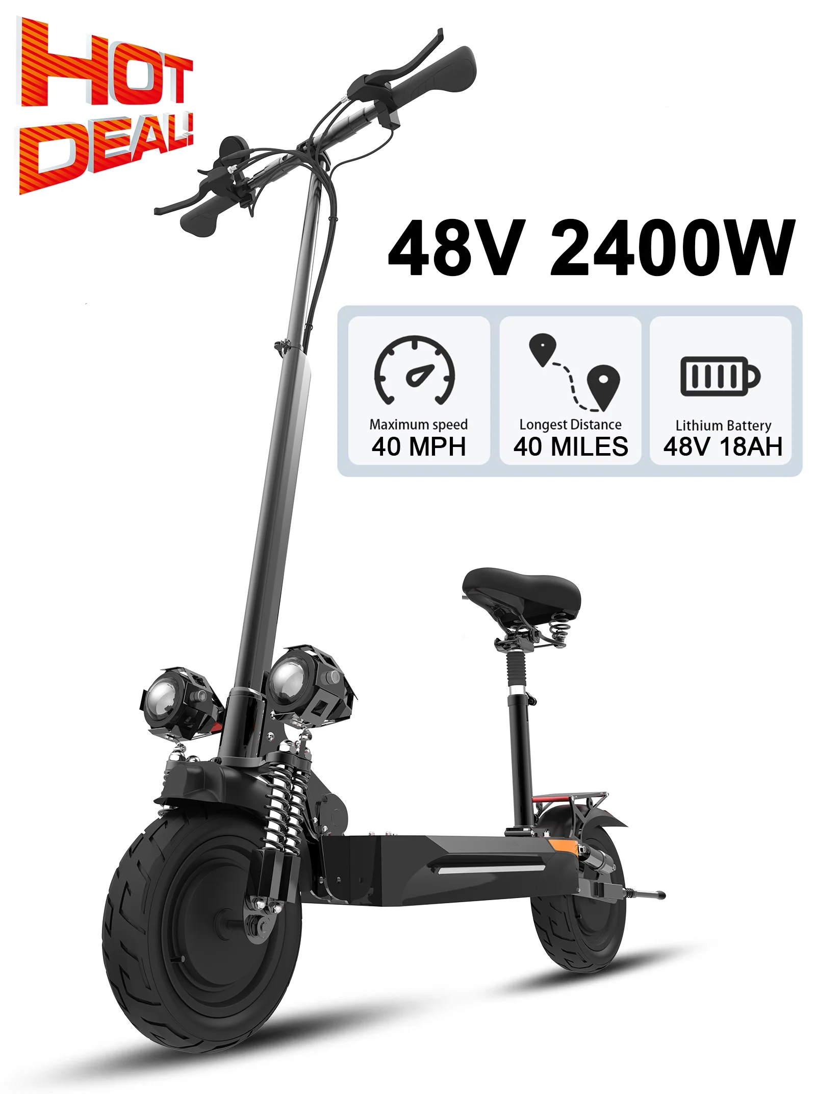 JUEXING Electric Scooter for Adults, 2400W Motor Power, 40 mph Top Speed, 20.8Ah Lithium Battery up to 45Miles, 10 Inch Pneumatic Tire, Commuter Electric Scooter with Seat