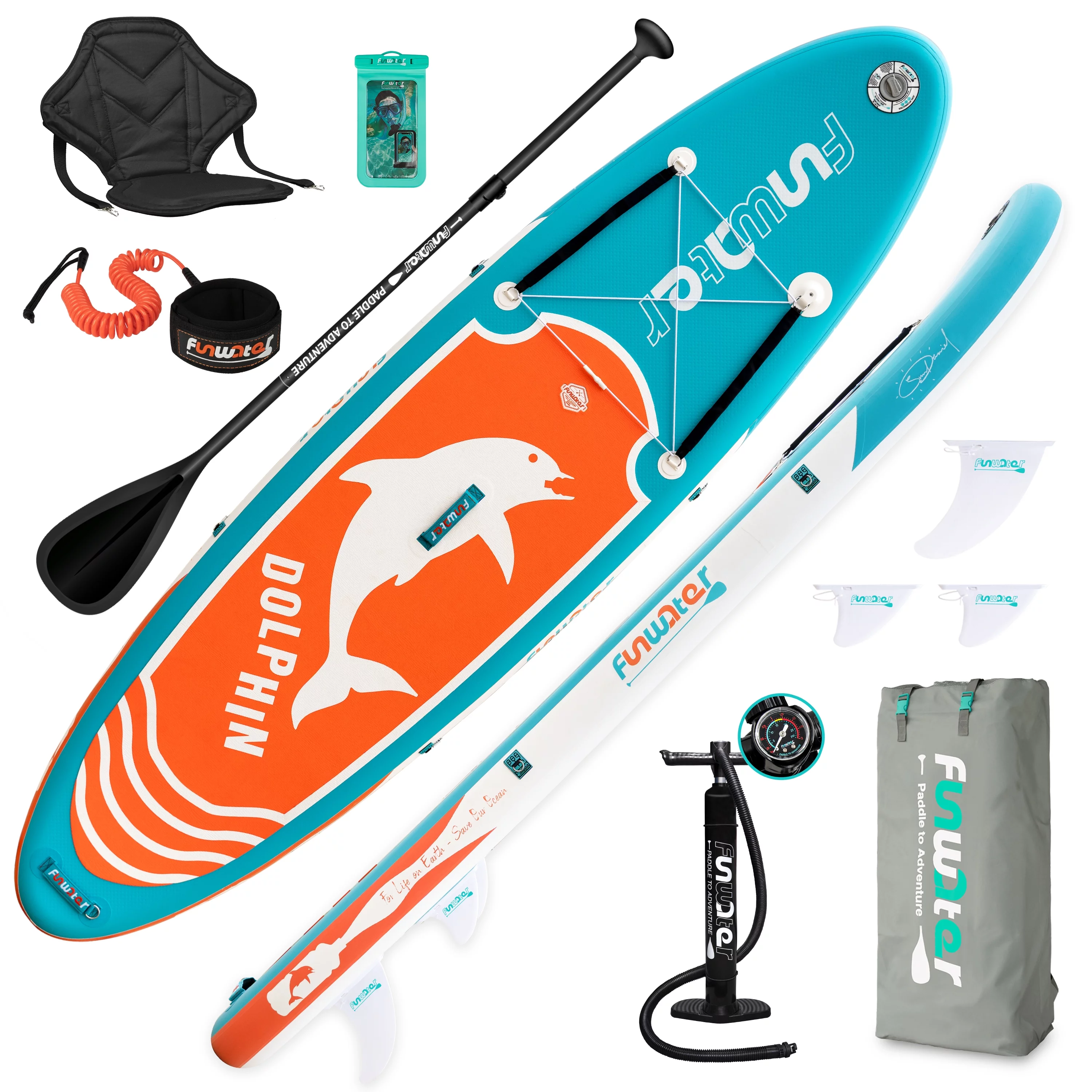 FUNWATER Stand Up Inflatable Paddle Board, ISUP Dolphin Pattern Paddle Board 10’x31”x6” (LXWXH)Blue Orange, Premium Free Accessories Backpack Paddle Fins,Unisex