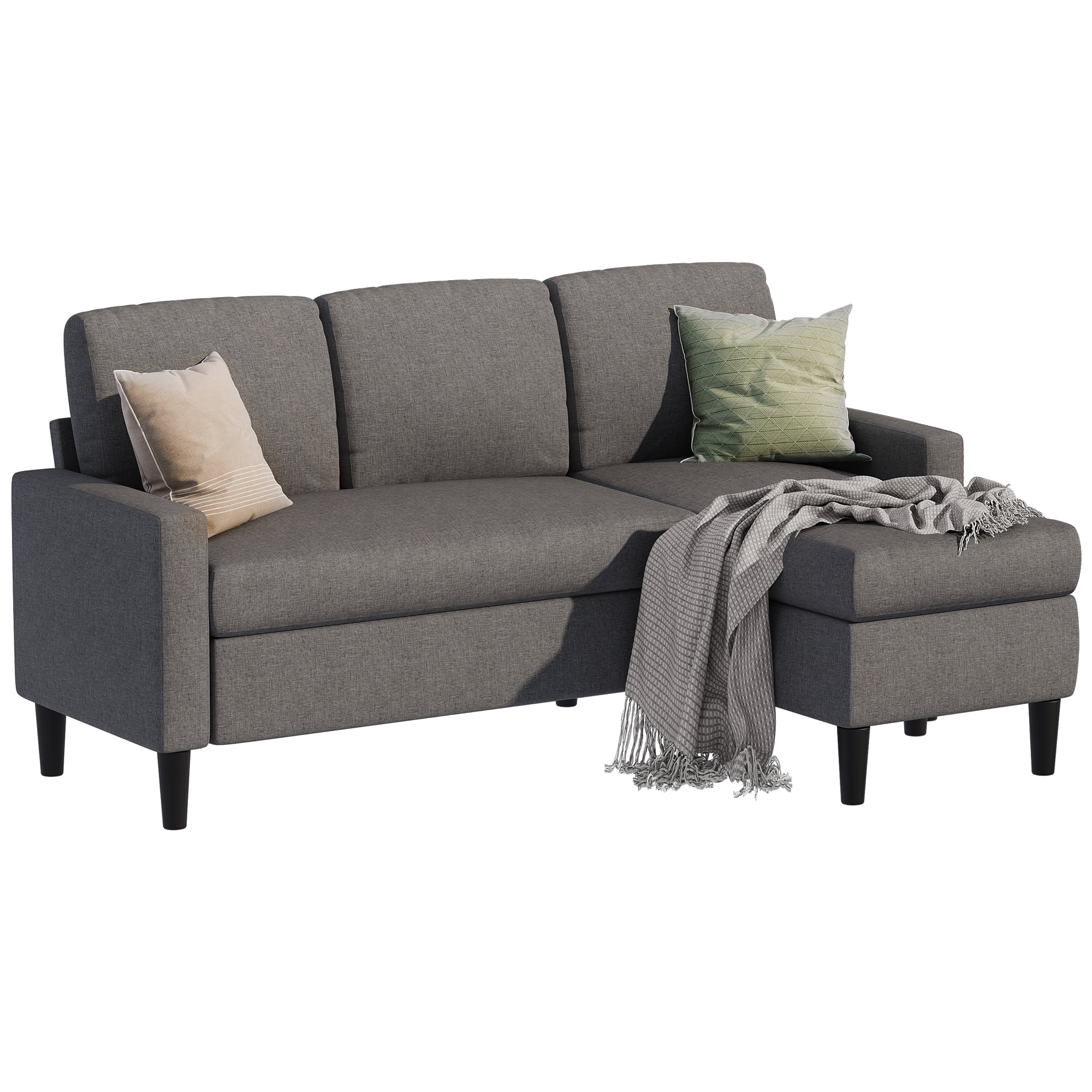 Walsunny Convertible Sectional Sofa Couch,Modern Linen Fabric L-Shaped Couch 3-Seat Sofa with Reversible Chaise for Small Space(Grayish Black)