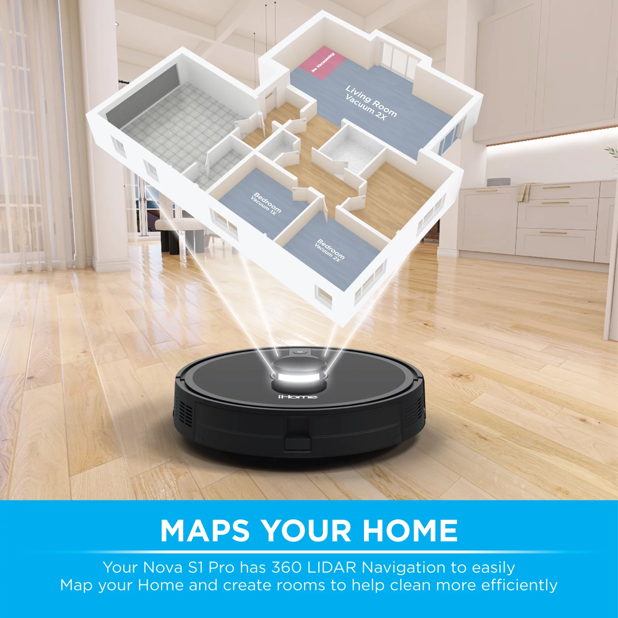 iHome AutoVac Nova S1 Pro Self Empty Robot Vacuum, LIDAR Mapping, 150 Min Runtime, Strong Suction, New