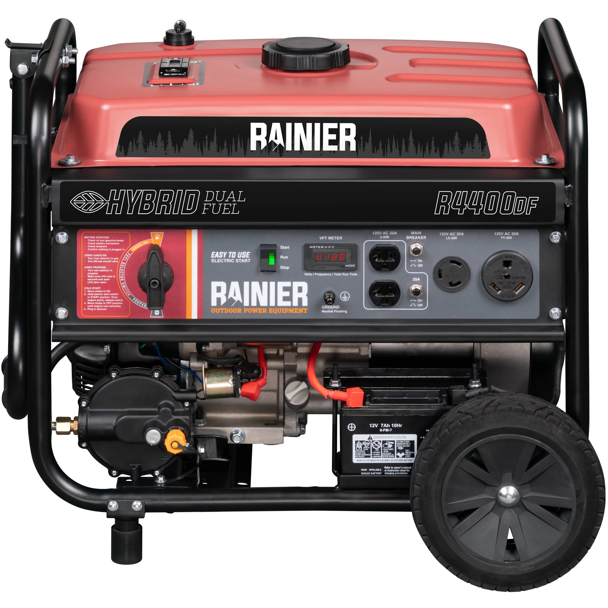 Rainier 4400 Peak Watt Dual Fuel Portable Generator, Gas or Propane with Electric Start and RV Ready Outlet