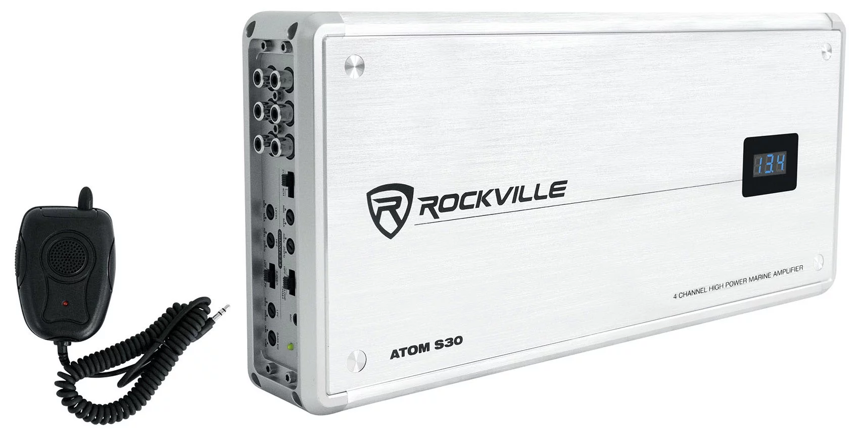 Rockville ATOM S30 Marine Amplifier 2400w 4 Channel Amp w/Volt Meter+PA Mic